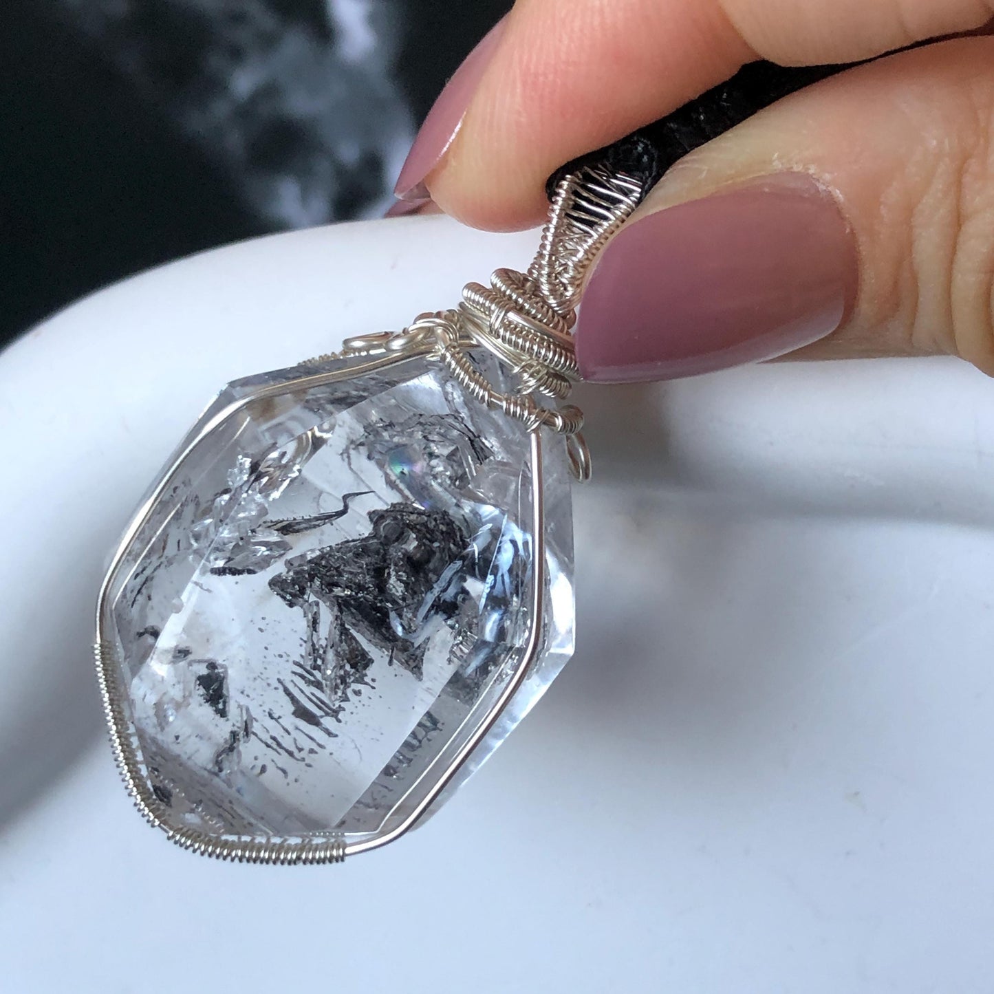 Polished Enhydro Quartz (Herkimer Diamond) Wire Wrapped Pendant Adjustable Necklace: Rainbow Shifting Big Bubble and Moving Sand Waterfall Inclusion Crystal | Natural Gemstone Birthstone Gift for her men necklace chakra crystal purify stone minerals specimen adjustable choker silver pendant inclusion crystal inclusion quartz jewelry rainbow quartz choker necklace enhydro crystal S925 silver pendant minerals specimen