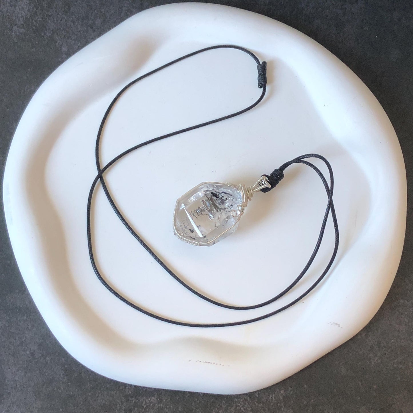 Polished Enhydro Quartz (Herkimer Diamond) Wire Wrapped Pendant Adjustable Necklace: Rainbow Shifting Big Bubble and Moving Sand Waterfall Inclusion Crystal | Natural Gemstone Birthstone Gift for her men necklace chakra crystal purify stone minerals specimen adjustable choker silver pendant inclusion crystal inclusion quartz jewelry rainbow quartz choker necklace enhydro crystal S925 silver pendant minerals specimen