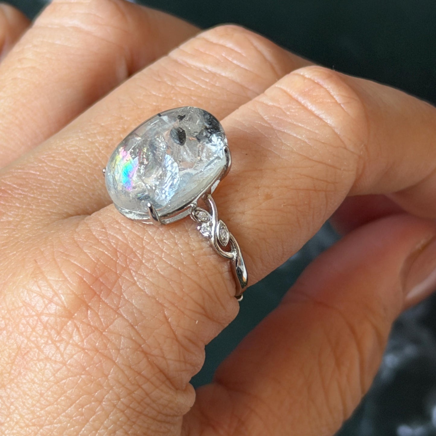 Polished Enhydro Quartz (Herkimer Diamond) S925 Silver Adjustable Ring: Big Rainbow! Moving Sand and Black Bubble Inclusion Crystal Statement Ring for Women ring crystal band ring crystal cocktail ring crystal stackable ring 7 chakra crystal ring meditation crystal healing stone birthstone silver ring ring for men rainbow quartz inclusion quartz inclusion crystal minerals specimen silver ring free size ring adjustable ring holder