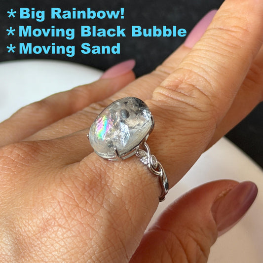 Polished Enhydro Quartz (Herkimer Diamond) S925 Silver Adjustable Ring: Big Rainbow! Moving Sand and Black Bubble Inclusion Crystal Statement Ring for Women ring crystal band ring crystal cocktail ring crystal stackable ring 7 chakra crystal ring meditation crystal healing stone birthstone silver ring ring for men rainbow quartz inclusion quartz inclusion crystal minerals specimen silver ring free size ring adjustable ring holder