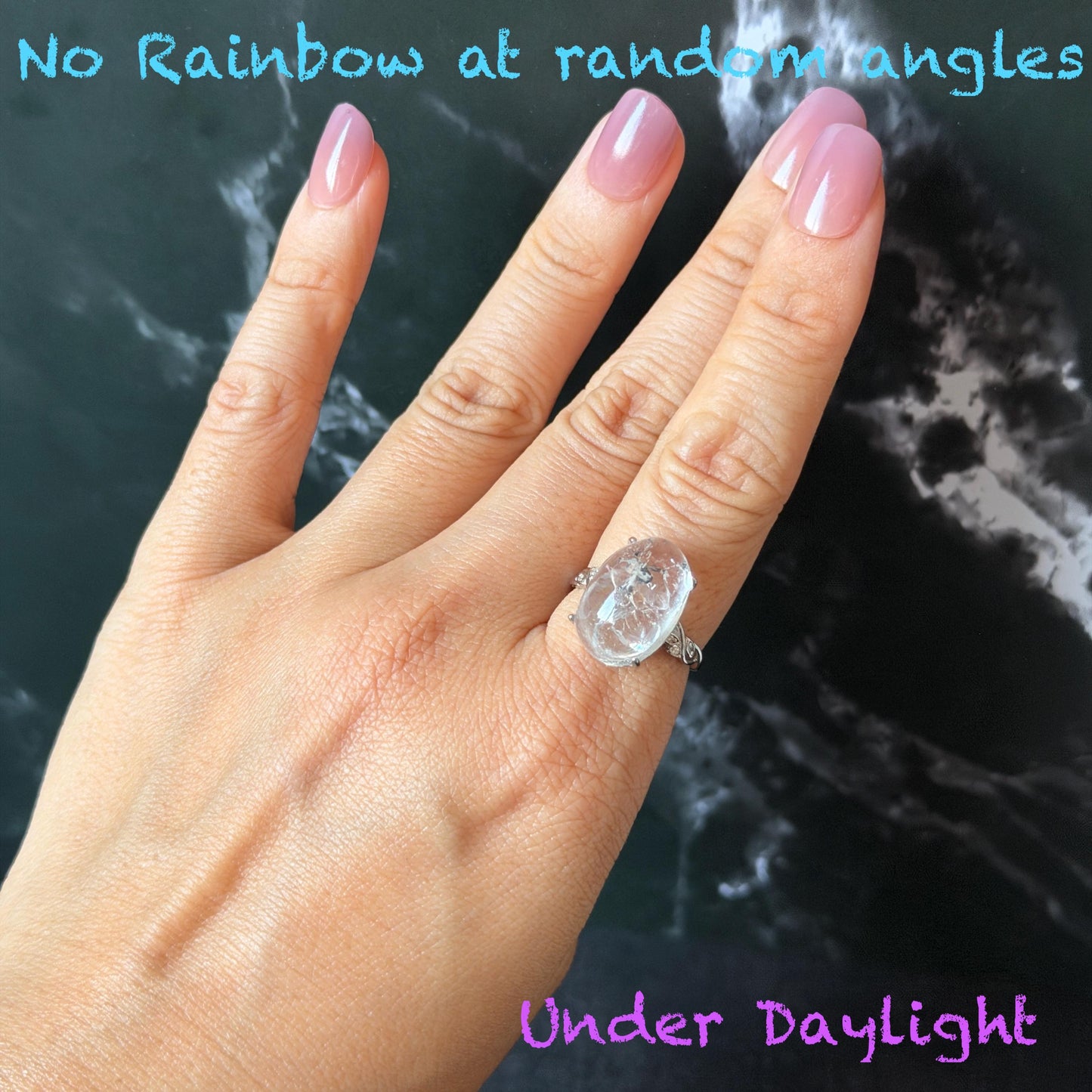 Polished Enhydro Quartz (Herkimer Diamond) S925 Silver Adjustable Ring: Big Rainbow! Moving Sand and Black Bubble Inclusion Crystal Statement Ring for Women ring crystal band ring crystal cocktail ring crystal stackable ring 7 chakra crystal ring meditation crystal healing stone birthstone silver ring ring for men rainbow quartz inclusion quartz inclusion crystal minerals specimen silver ring free size ring adjustable ring holder