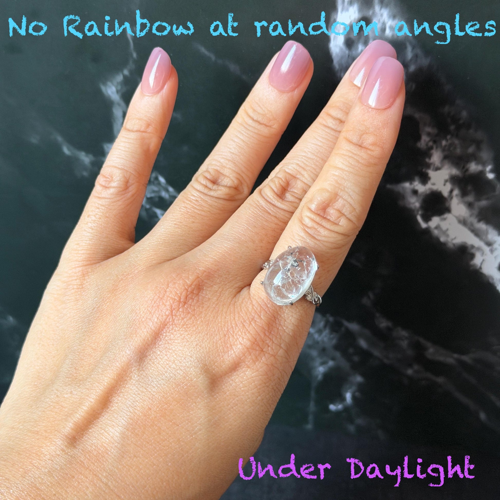 Polished Enhydro Quartz (Herkimer Diamond) S925 Silver Adjustable Ring: Big Rainbow! Moving Sand and Black Bubble Inclusion Crystal Statement Ring for Women ring crystal band ring crystal cocktail ring crystal stackable ring 7 chakra crystal ring meditation crystal healing stone birthstone silver ring ring for men rainbow quartz inclusion quartz inclusion crystal minerals specimen silver ring free size ring adjustable ring holder