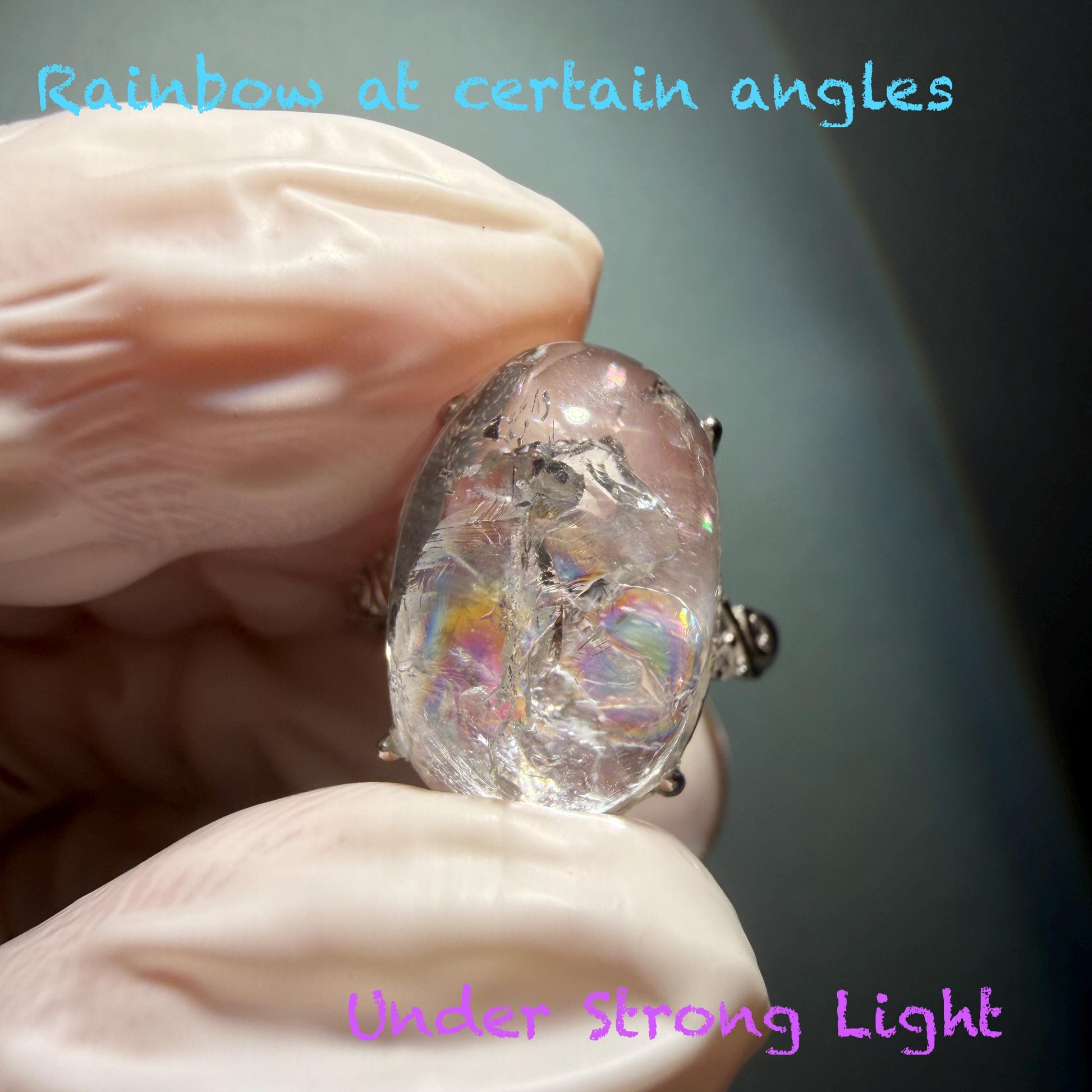 Polished Enhydro Quartz (Herkimer Diamond) S925 Silver Adjustable Ring: Big Rainbow! Moving Sand and Black Bubble Inclusion Crystal Statement Ring for Women ring crystal band ring crystal cocktail ring crystal stackable ring 7 chakra crystal ring meditation crystal healing stone birthstone silver ring ring for men rainbow quartz inclusion quartz inclusion crystal minerals specimen silver ring free size ring adjustable ring holder