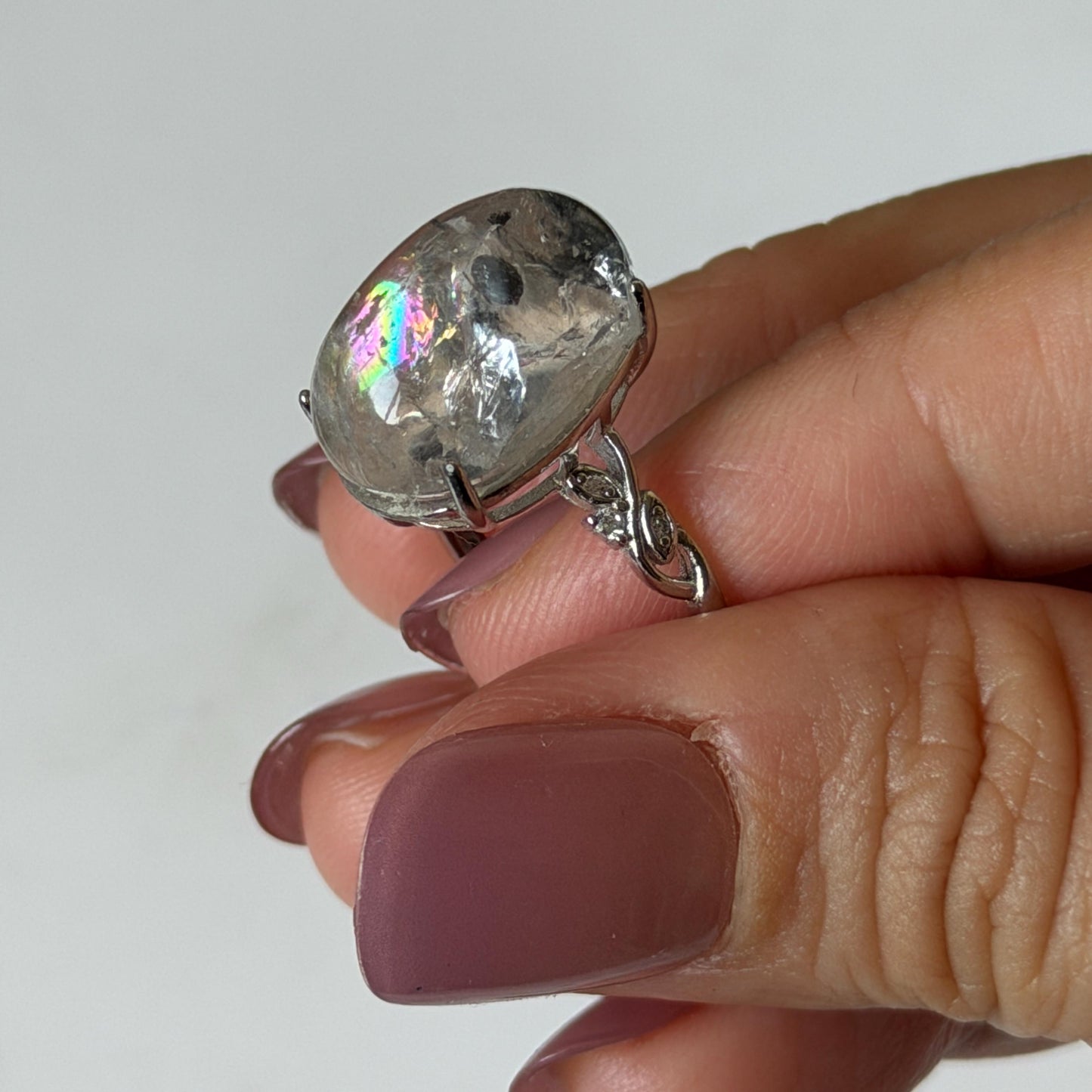 Polished Enhydro Quartz (Herkimer Diamond) S925 Silver Adjustable Ring: Big Rainbow! Moving Sand and Black Bubble Inclusion Crystal Statement Ring for Women ring crystal band ring crystal cocktail ring crystal stackable ring 7 chakra crystal ring meditation crystal healing stone birthstone silver ring ring for men rainbow quartz inclusion quartz inclusion crystal minerals specimen silver ring free size ring adjustable ring holder