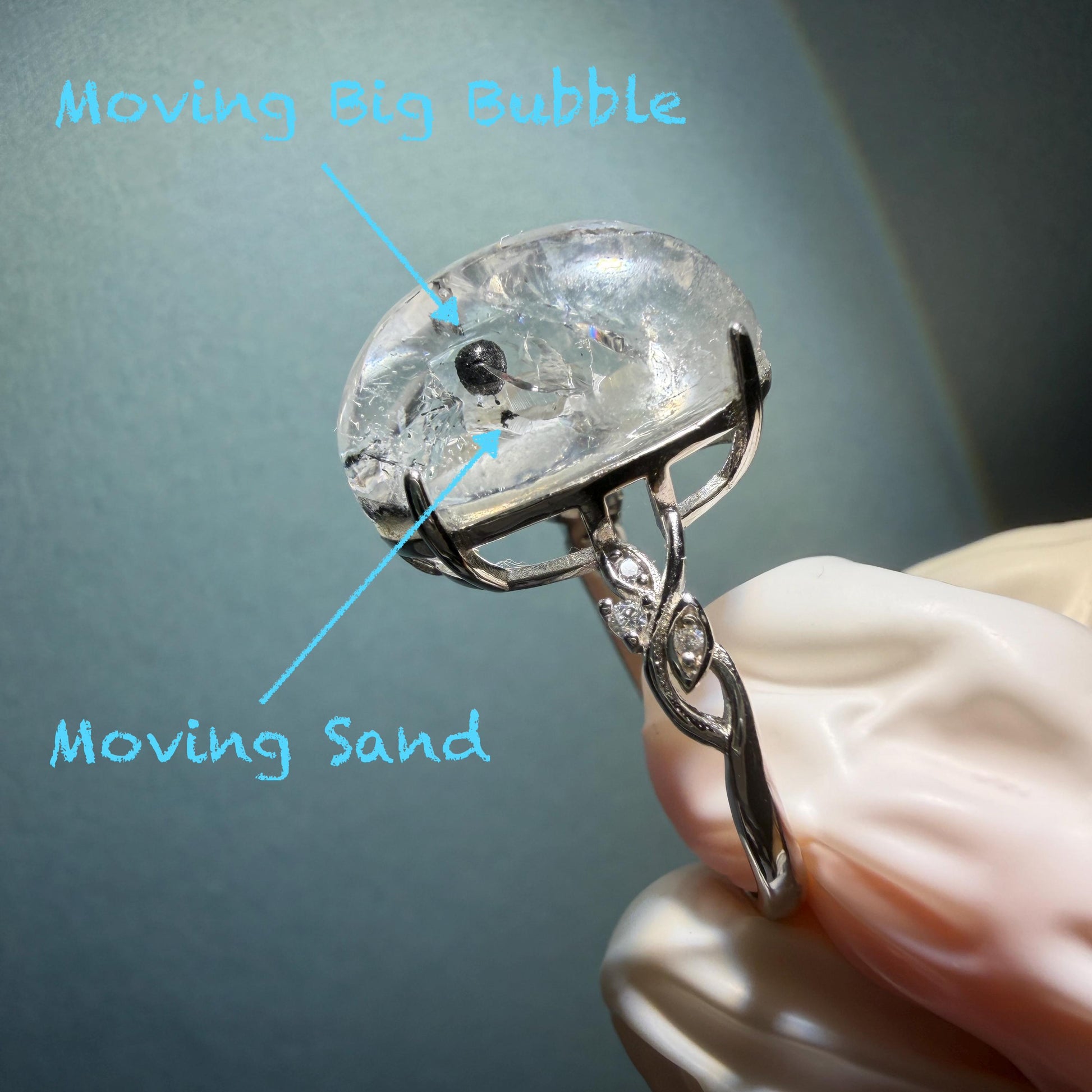 Polished Enhydro Quartz (Herkimer Diamond) S925 Silver Adjustable Ring: Big Rainbow! Moving Sand and Black Bubble Inclusion Crystal Statement Ring for Women ring crystal band ring crystal cocktail ring crystal stackable ring 7 chakra crystal ring meditation crystal healing stone birthstone silver ring ring for men rainbow quartz inclusion quartz inclusion crystal minerals specimen silver ring free size ring adjustable ring holder