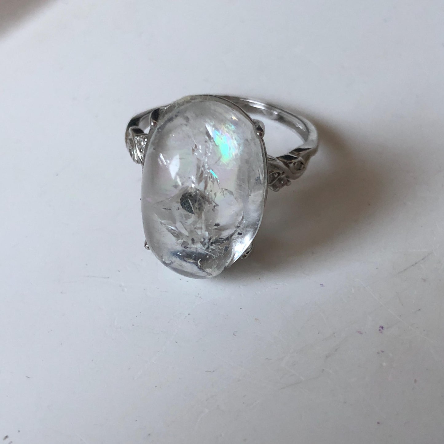 Polished Enhydro Quartz (Herkimer Diamond) S925 Silver Adjustable Ring: Big Rainbow! Moving Sand and Black Bubble Inclusion Crystal Statement Ring for Women ring crystal band ring crystal cocktail ring crystal stackable ring 7 chakra crystal ring meditation crystal healing stone birthstone silver ring ring for men rainbow quartz inclusion quartz inclusion crystal minerals specimen silver ring free size ring adjustable ring holder