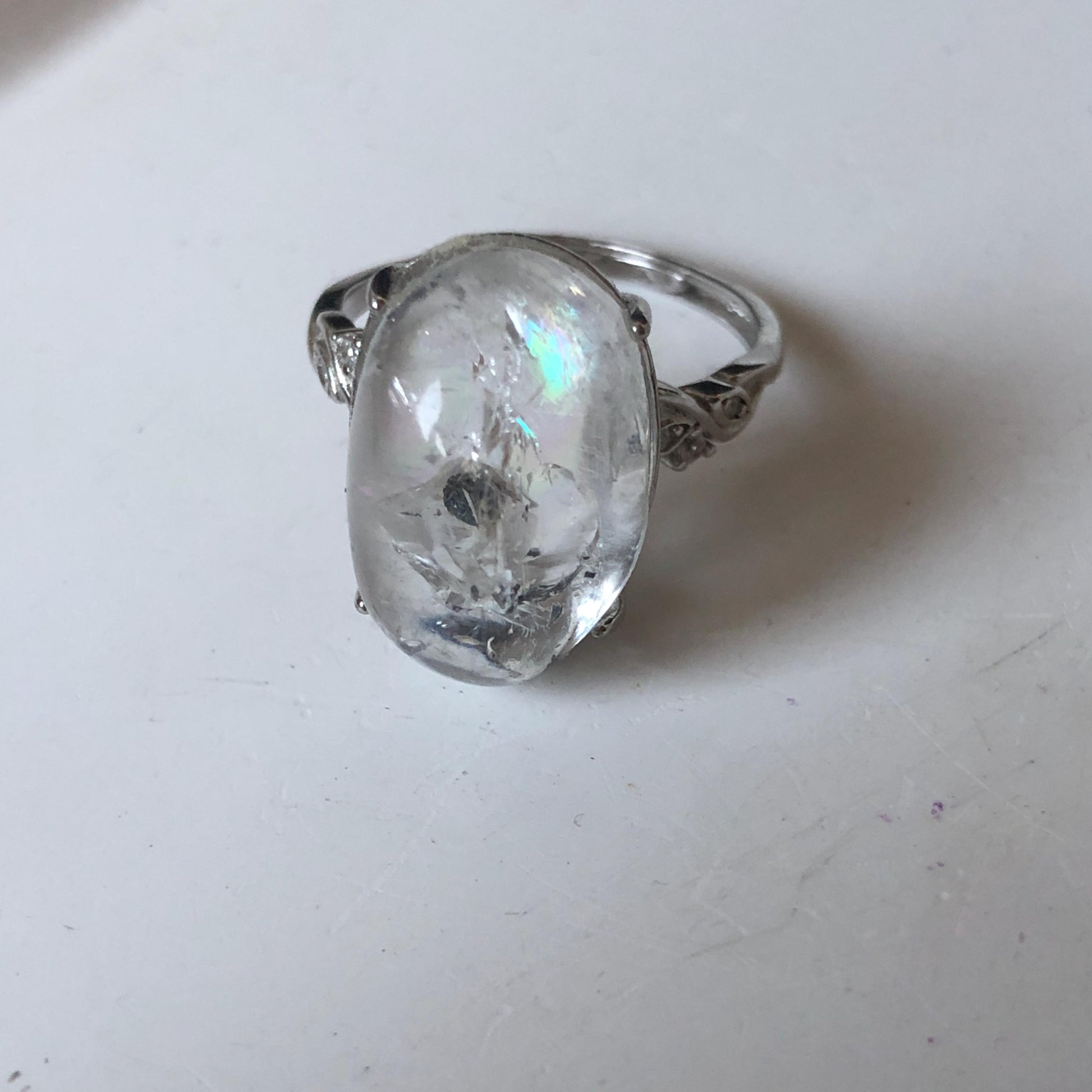 Polished Enhydro Quartz (Herkimer Diamond) S925 Silver Adjustable Ring: Big Rainbow! Moving Sand and Black Bubble Inclusion Crystal Statement Ring for Women ring crystal band ring crystal cocktail ring crystal stackable ring 7 chakra crystal ring meditation crystal healing stone birthstone silver ring ring for men rainbow quartz inclusion quartz inclusion crystal minerals specimen silver ring free size ring adjustable ring holder