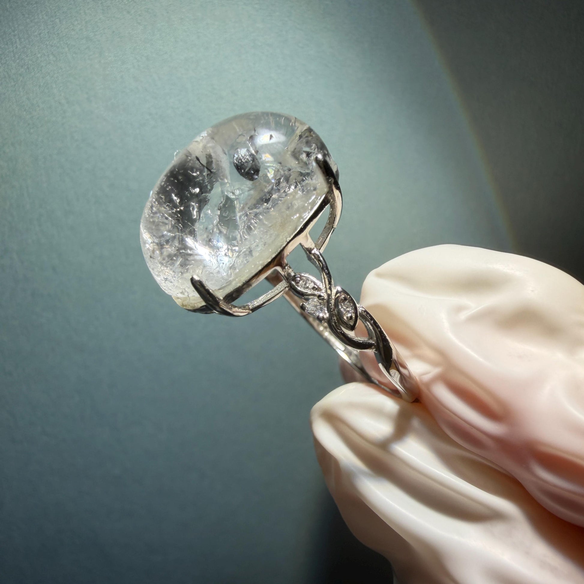 Polished Enhydro Quartz (Herkimer Diamond) S925 Silver Adjustable Ring: Big Rainbow! Moving Sand and Black Bubble Inclusion Crystal Statement Ring for Women ring crystal band ring crystal cocktail ring crystal stackable ring 7 chakra crystal ring meditation crystal healing stone birthstone silver ring ring for men rainbow quartz inclusion quartz inclusion crystal minerals specimen silver ring free size ring adjustable ring holder