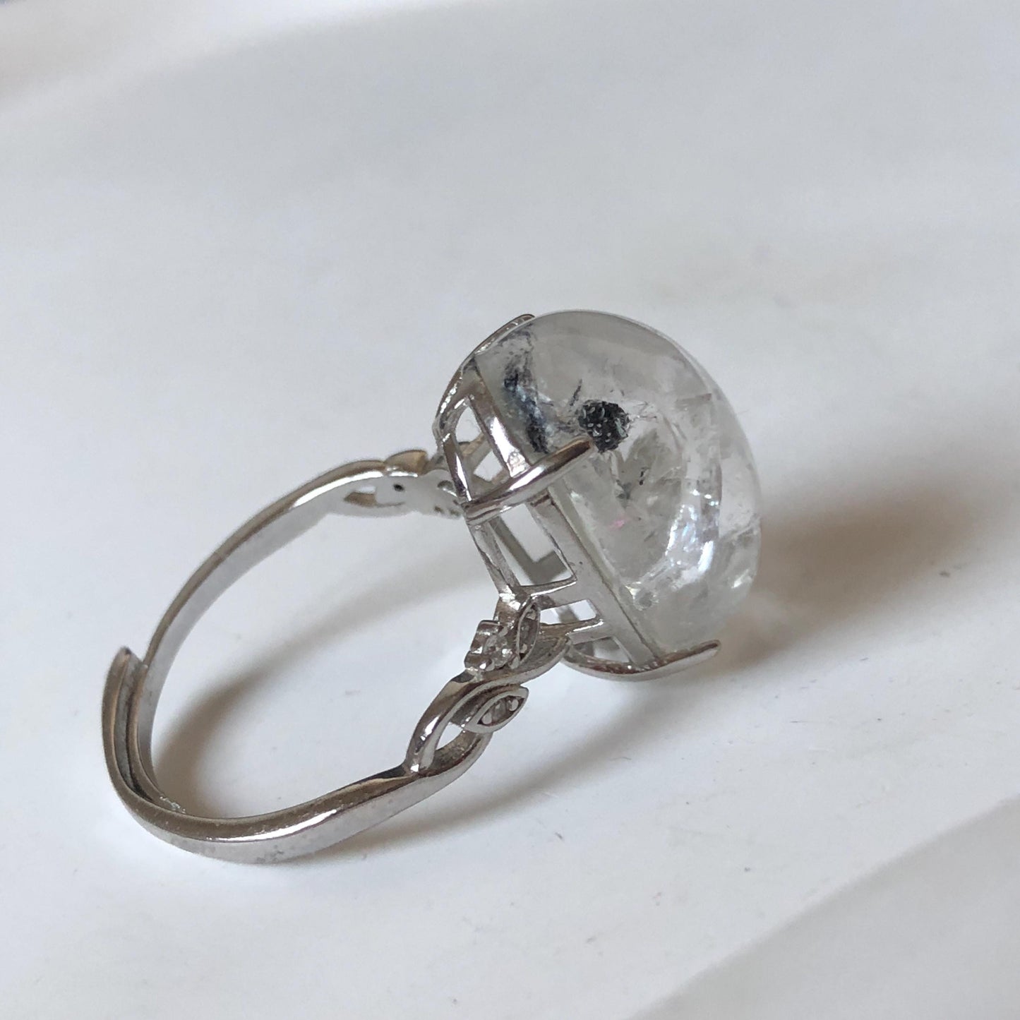 Polished Enhydro Quartz (Herkimer Diamond) S925 Silver Adjustable Ring: Big Rainbow! Moving Sand and Black Bubble Inclusion Crystal Statement Ring for Women ring crystal band ring crystal cocktail ring crystal stackable ring 7 chakra crystal ring meditation crystal healing stone birthstone silver ring ring for men rainbow quartz inclusion quartz inclusion crystal minerals specimen silver ring free size ring adjustable ring holder