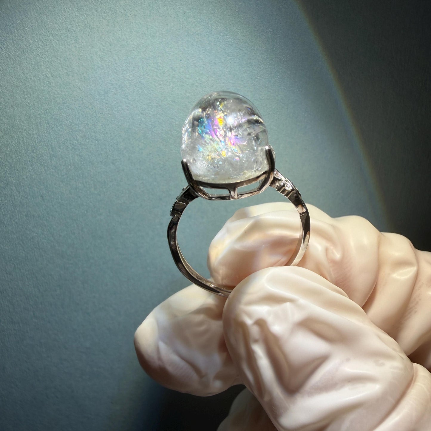 Polished Enhydro Quartz (Herkimer Diamond) S925 Silver Adjustable Ring: Big Rainbow! Moving Sand and Black Bubble Inclusion Crystal Statement Ring for Women ring crystal band ring crystal cocktail ring crystal stackable ring 7 chakra crystal ring meditation crystal healing stone birthstone silver ring ring for men rainbow quartz inclusion quartz inclusion crystal minerals specimen silver ring free size ring adjustable ring holder