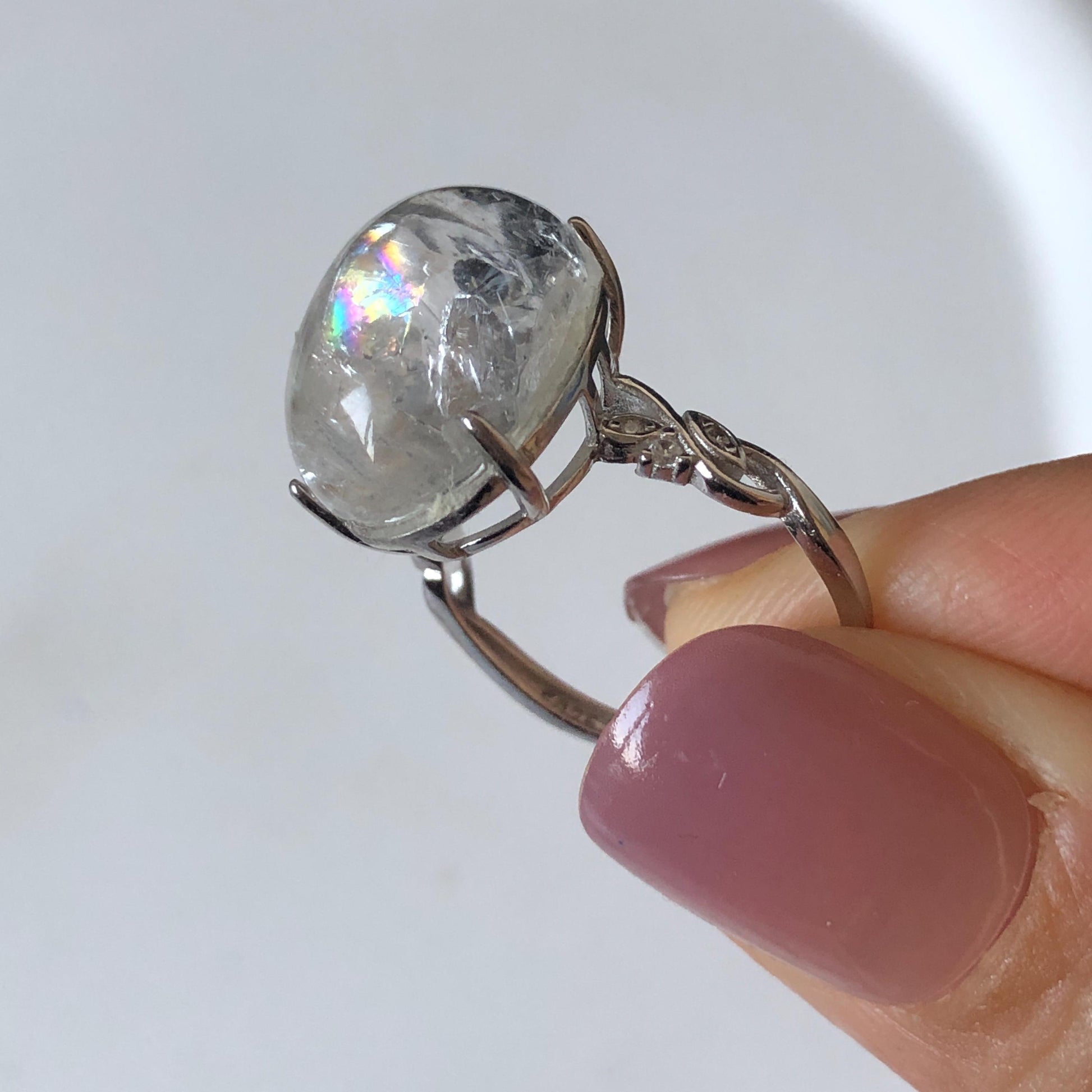 Polished Enhydro Quartz (Herkimer Diamond) S925 Silver Adjustable Ring: Big Rainbow! Moving Sand and Black Bubble Inclusion Crystal Statement Ring for Women ring crystal band ring crystal cocktail ring crystal stackable ring 7 chakra crystal ring meditation crystal healing stone birthstone silver ring ring for men rainbow quartz inclusion quartz inclusion crystal minerals specimen silver ring free size ring adjustable ring holder