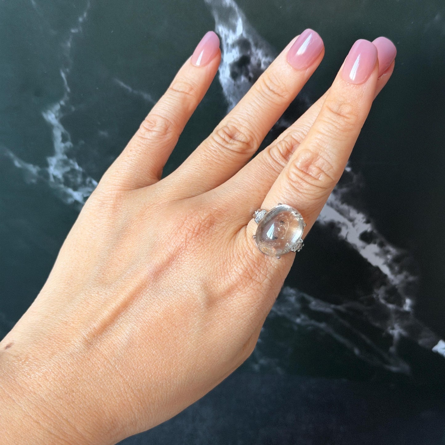 Polished Smoky Enhydro Quartz (Herkimer Diamond) S925 Silver Adjustable Ring: Mild Rainbow Moving Sand, Black Bubble, yellow clay Inclusion Crystal Statement Ring for Women  ring crystal band ring crystal cocktail ring crystal stackable ring 7 chakra crystal ring meditation crystal healing stone birthstone silver ring ring for men rainbow quartz inclusion quartz inclusion crystal minerals specimen silver ring free size ring adjustable ring holder