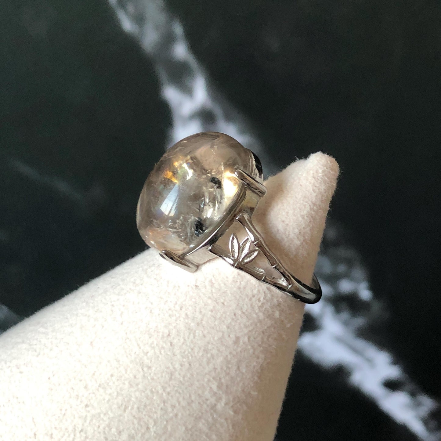 Polished Smoky Enhydro Quartz (Herkimer Diamond) S925 Silver Adjustable Ring: Mild Rainbow Moving Sand, Black Bubble, yellow clay Inclusion Crystal Statement Ring for Women  ring crystal band ring crystal cocktail ring crystal stackable ring 7 chakra crystal ring meditation crystal healing stone birthstone silver ring ring for men rainbow quartz inclusion quartz inclusion crystal minerals specimen silver ring free size ring adjustable ring holder