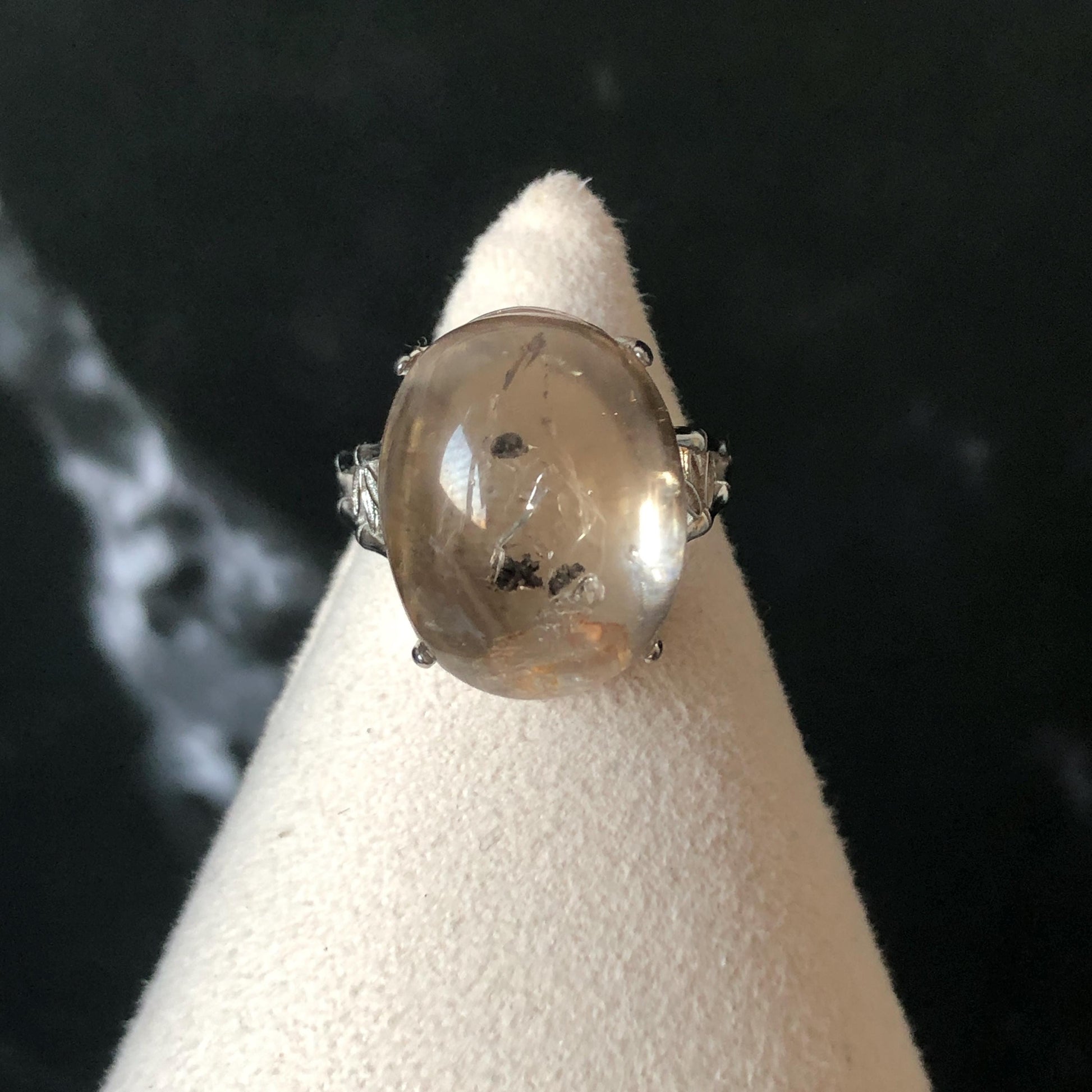 Polished Smoky Enhydro Quartz (Herkimer Diamond) S925 Silver Adjustable Ring: Mild Rainbow Moving Sand, Black Bubble, yellow clay Inclusion
