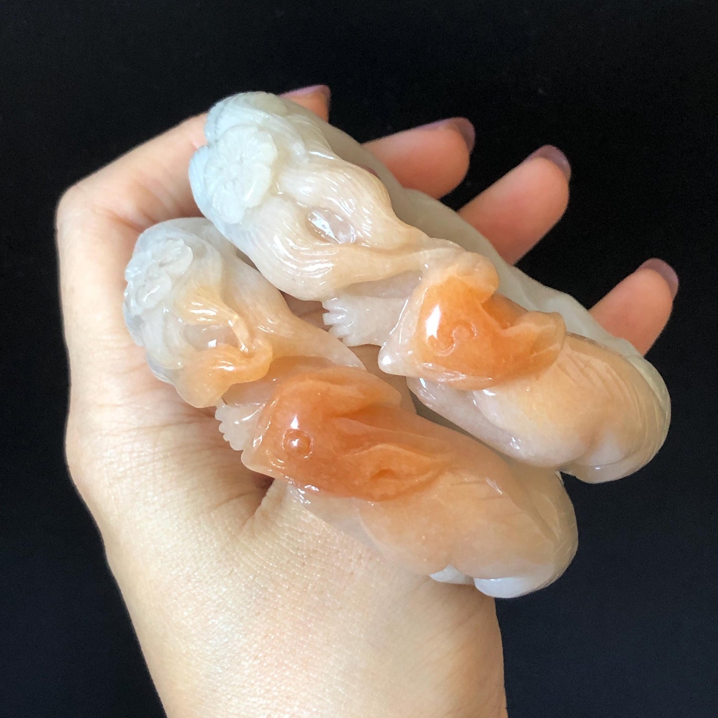 57-60mm Quartzite (She Taicui jade) Hand Carved Nine-tailed Fox Flower Stone Bangle: Natural Handcrafted Milky Coral Sands White Bracelet