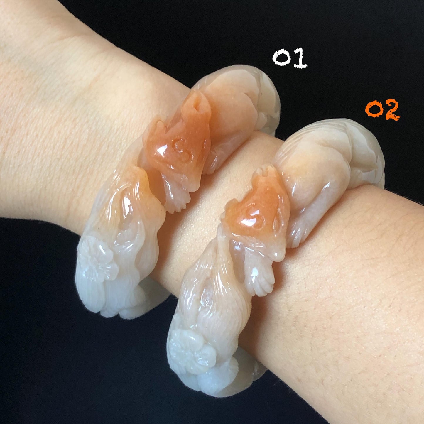 57-60mm Quartzite (She Taicui jade) Hand Carved Nine-tailed Fox Flower Stone Bangle: Natural Handcrafted Milky Coral Sands White Bracelet