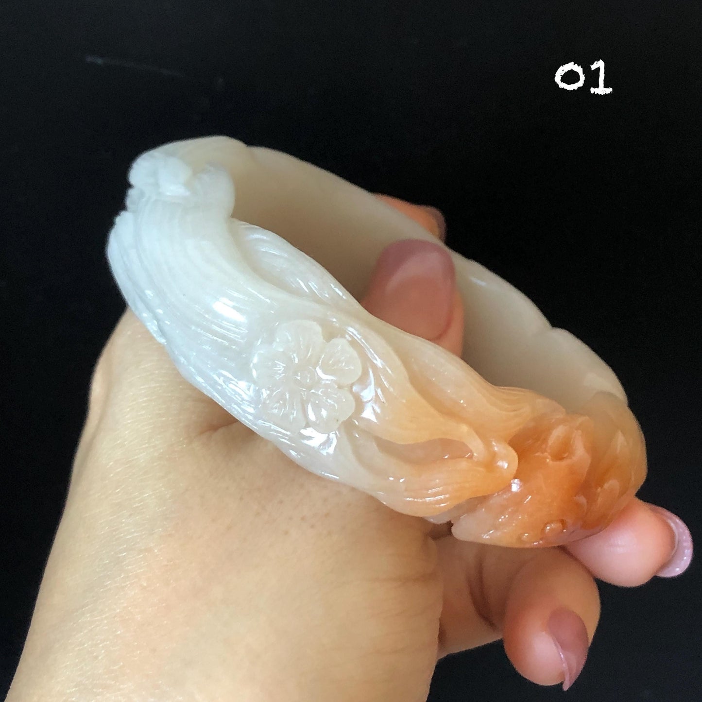57-60mm Quartzite (She Taicui jade) Hand Carved Nine-tailed Fox Flower Stone Bangle: Natural Handcrafted Milky Coral Sands White Bracelet