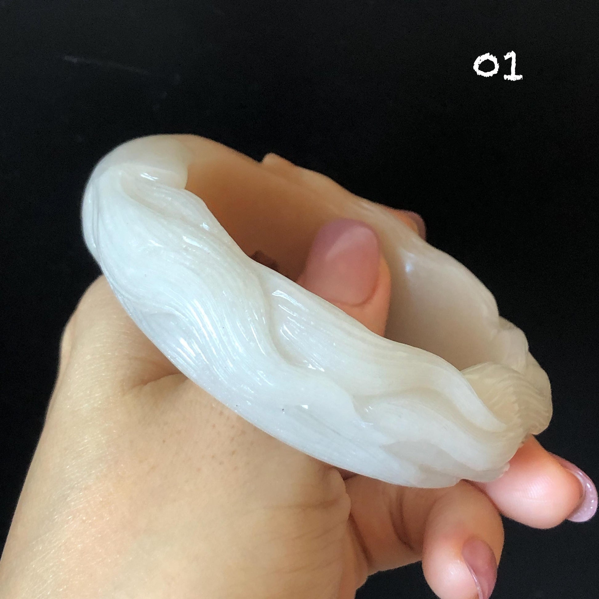 57-60mm Quartzite (She Taicui jade) Hand Carved Nine-tailed Fox Flower Stone Bangle: Natural Handcrafted Milky Coral Sands White Bracelet