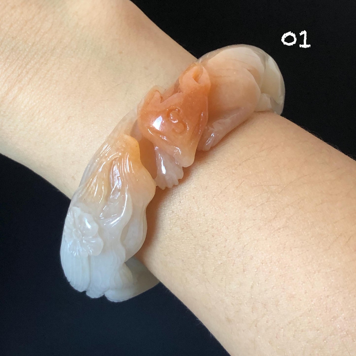 57-60mm Quartzite (She Taicui jade) Hand Carved Nine-tailed Fox Flower Stone Bangle: Natural Handcrafted Milky Coral Sands White Bracelet
