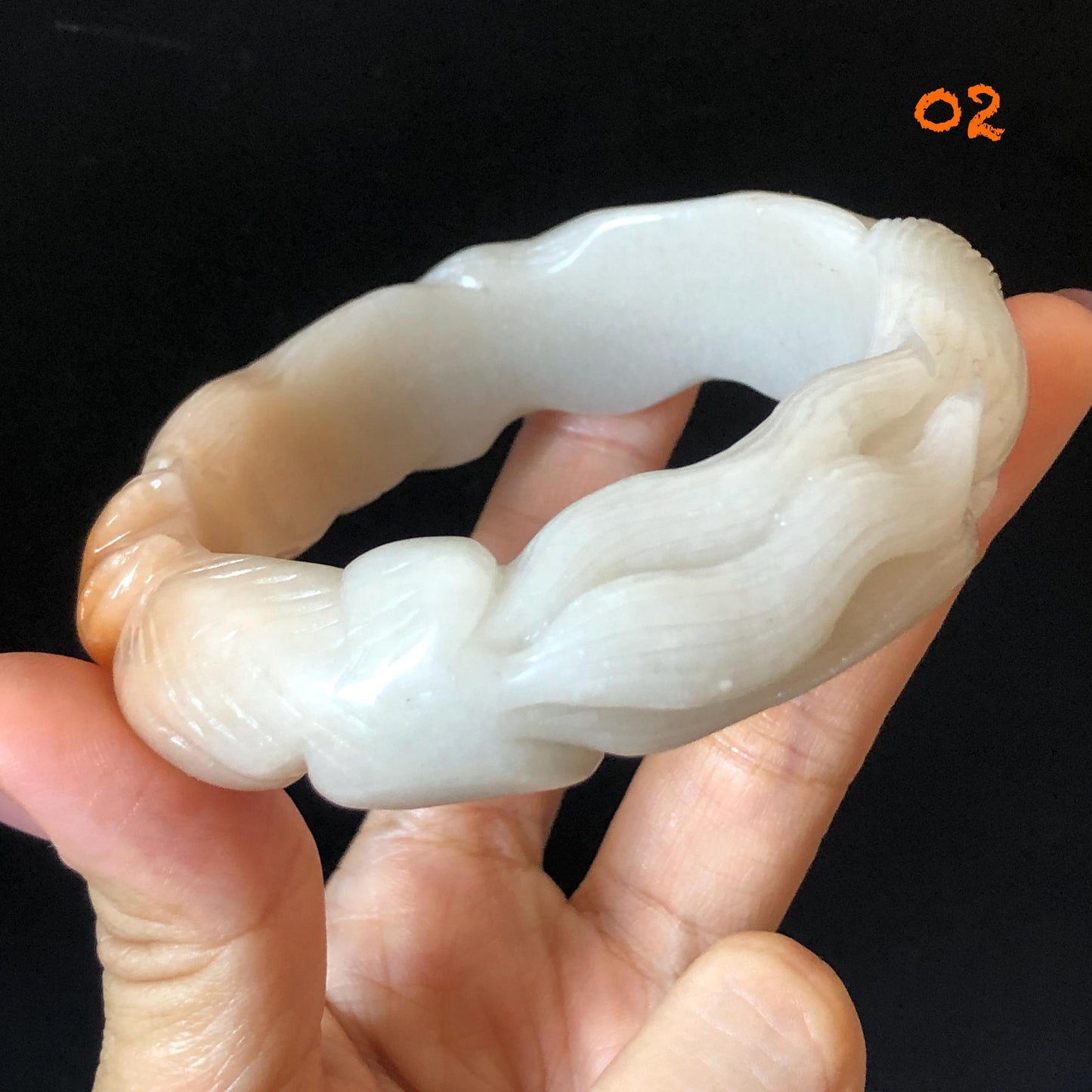 57-60mm Quartzite (She Taicui jade) Hand Carved Nine-tailed Fox Flower Stone Bangle: Natural Handcrafted Milky Coral Sands White Bracelet