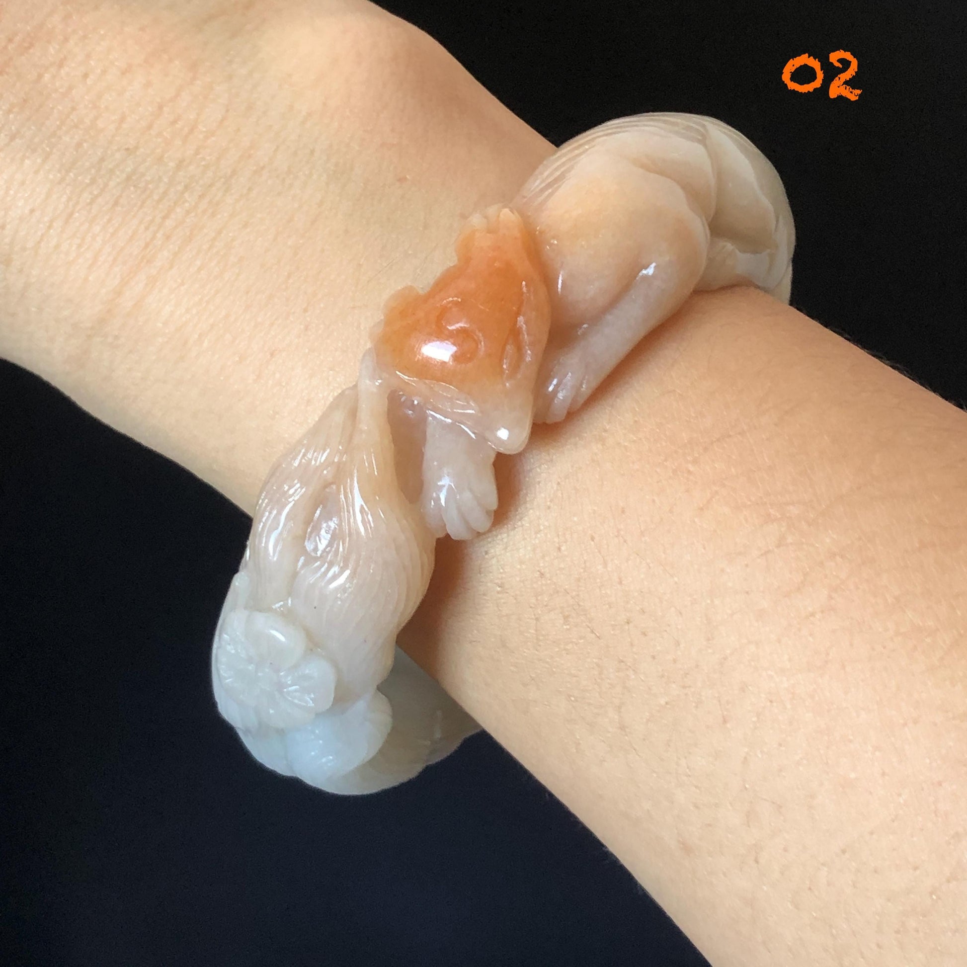 57-60mm Quartzite (She Taicui jade) Hand Carved Nine-tailed Fox Flower Stone Bangle: Natural Handcrafted Milky Coral Sands White Bracelet