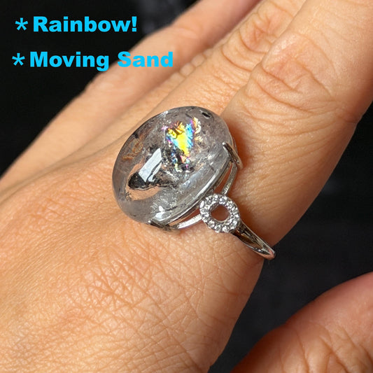 Polished Enhydro Quartz (Herkimer Diamond) S925 Silver Adjustable Ring: Big Rainbow! Moving Sand Inclusion Crystal Statement Ring for Women ring crystal band ring crystal cocktail ring crystal stackable ring 7 chakra crystal ring meditation crystal healing stone birthstone silver ring ring for men rainbow quartz inclusion quartz inclusion crystal minerals specimen silver ring free size ring adjustable ring holder rain quartz