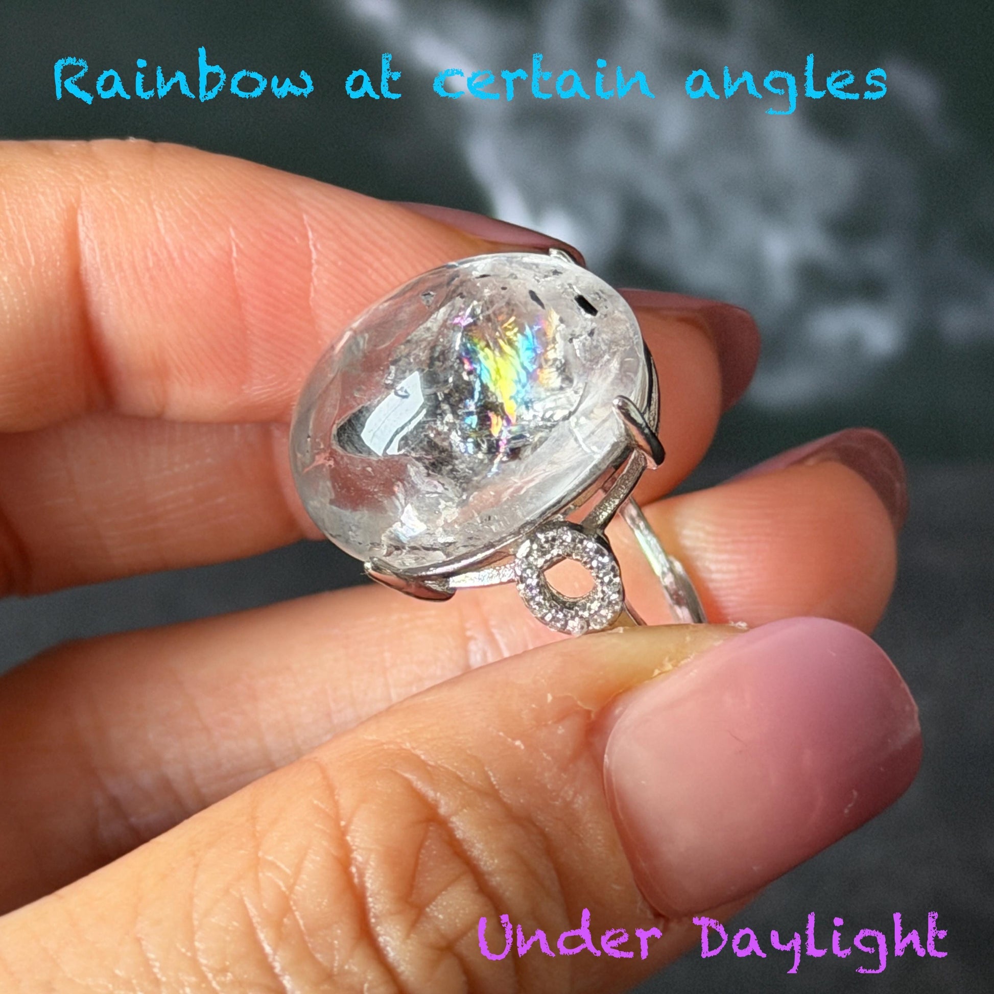 Polished Enhydro Quartz (Herkimer Diamond) S925 Silver Adjustable Ring: Big Rainbow! Moving Sand Inclusion Crystal Statement Ring for Women ring crystal band ring crystal cocktail ring crystal stackable ring 7 chakra crystal ring meditation crystal healing stone birthstone silver ring ring for men rainbow quartz inclusion quartz inclusion crystal minerals specimen silver ring free size ring adjustable ring holder rain quartz