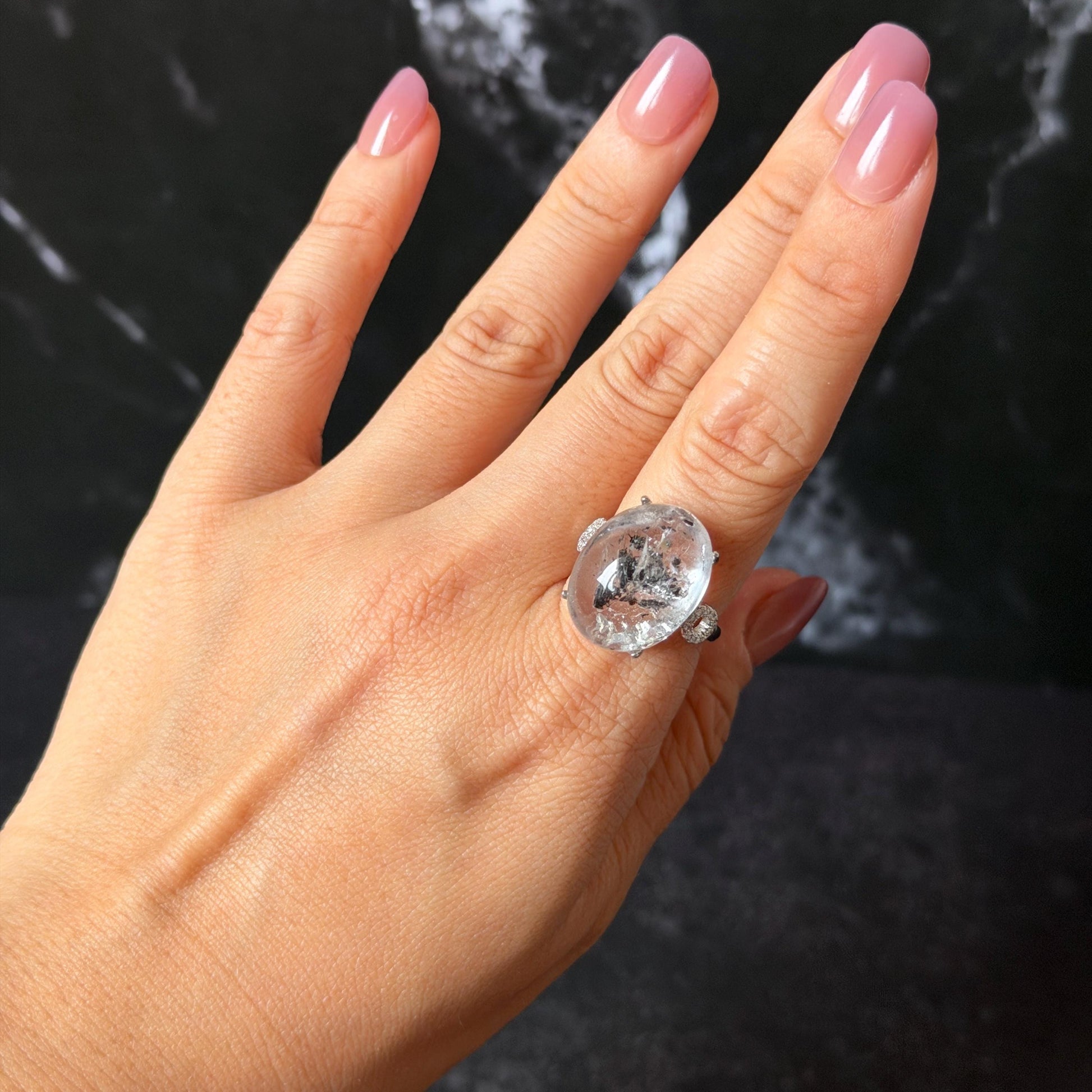 Polished Enhydro Quartz (Herkimer Diamond) S925 Silver Adjustable Ring: Big Rainbow! Moving Sand Inclusion Crystal Statement Ring for Women ring crystal band ring crystal cocktail ring crystal stackable ring 7 chakra crystal ring meditation crystal healing stone birthstone silver ring ring for men rainbow quartz inclusion quartz inclusion crystal minerals specimen silver ring free size ring adjustable ring holder rain quartz