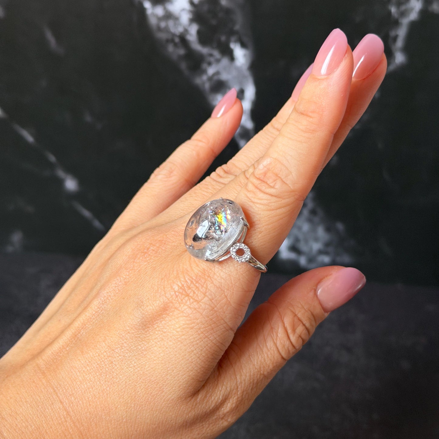 Polished Enhydro Quartz (Herkimer Diamond) S925 Silver Adjustable Ring: Big Rainbow! Moving Sand Inclusion Crystal Statement Ring for Women ring crystal band ring crystal cocktail ring crystal stackable ring 7 chakra crystal ring meditation crystal healing stone birthstone silver ring ring for men rainbow quartz inclusion quartz inclusion crystal minerals specimen silver ring free size ring adjustable ring holder rain quartz