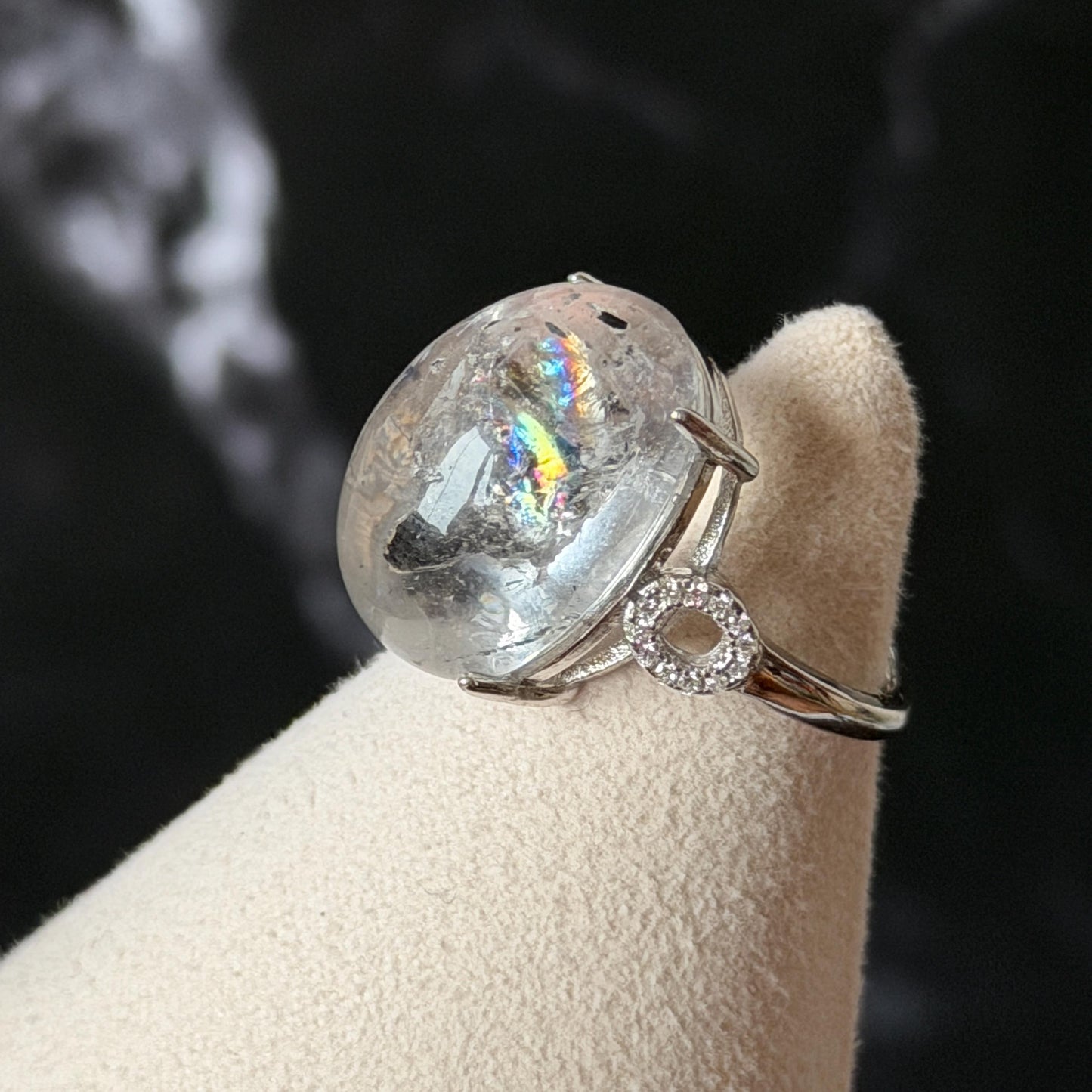 Polished Enhydro Quartz (Herkimer Diamond) S925 Silver Adjustable Ring: Big Rainbow! Moving Sand Inclusion Crystal Statement Ring for Women ring crystal band ring crystal cocktail ring crystal stackable ring 7 chakra crystal ring meditation crystal healing stone birthstone silver ring ring for men rainbow quartz inclusion quartz inclusion crystal minerals specimen silver ring free size ring adjustable ring holder rain quartz