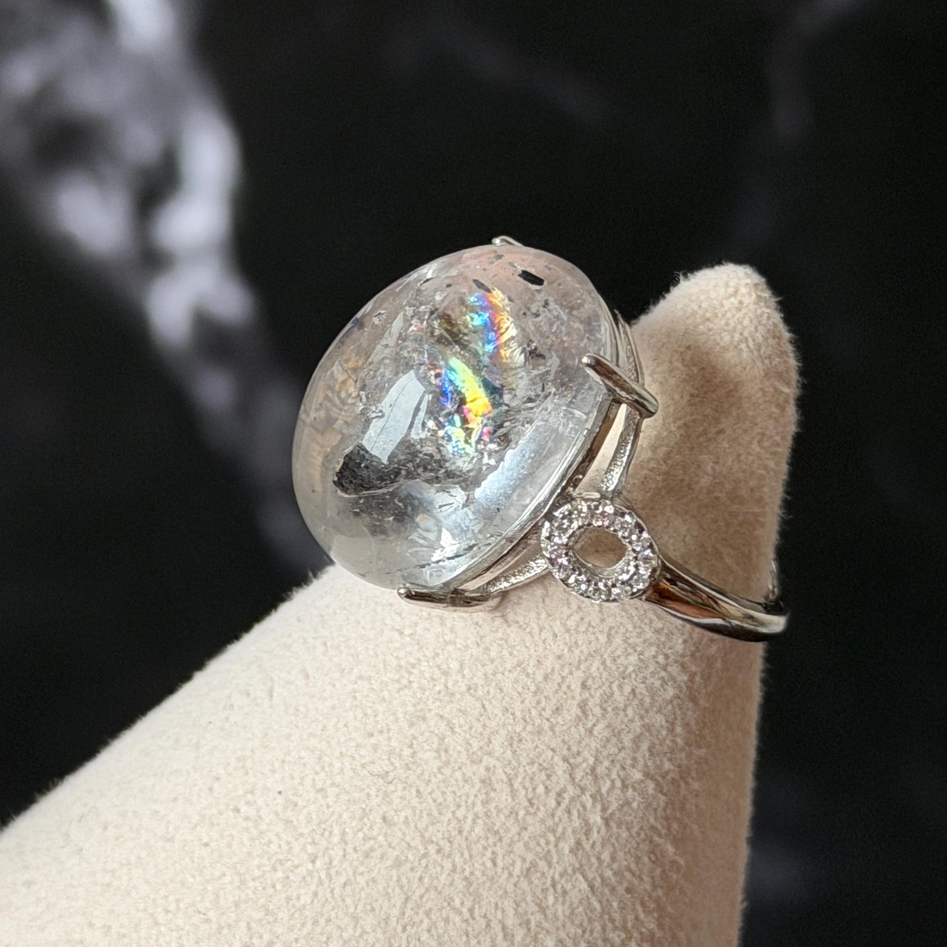 Polished Enhydro Quartz (Herkimer Diamond) S925 Silver Adjustable Ring: Big Rainbow! Moving Sand Inclusion Crystal Statement Ring for Women ring crystal band ring crystal cocktail ring crystal stackable ring 7 chakra crystal ring meditation crystal healing stone birthstone silver ring ring for men rainbow quartz inclusion quartz inclusion crystal minerals specimen silver ring free size ring adjustable ring holder rain quartz