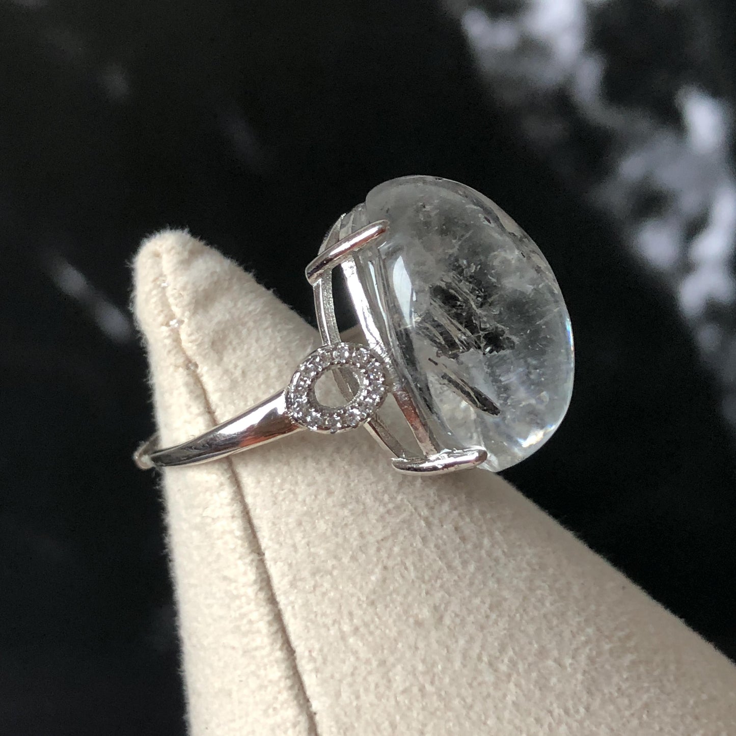 Polished Enhydro Quartz (Herkimer Diamond) S925 Silver Adjustable Ring: Big Rainbow! Moving Sand Inclusion Crystal Statement Ring for Women ring crystal band ring crystal cocktail ring crystal stackable ring 7 chakra crystal ring meditation crystal healing stone birthstone silver ring ring for men rainbow quartz inclusion quartz inclusion crystal minerals specimen silver ring free size ring adjustable ring holder rain quartz