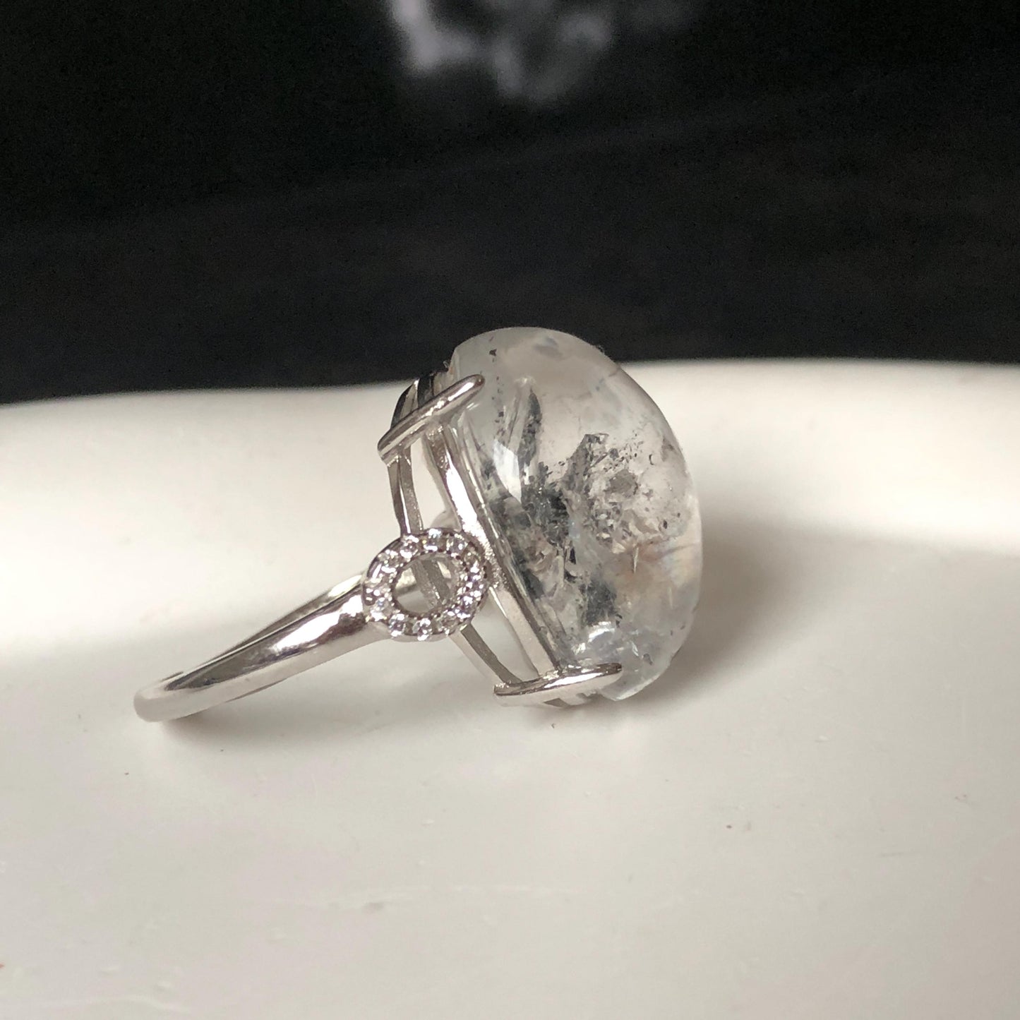 Polished Enhydro Quartz (Herkimer Diamond) S925 Silver Adjustable Ring: Big Rainbow! Moving Sand Inclusion Crystal Statement Ring for Women ring crystal band ring crystal cocktail ring crystal stackable ring 7 chakra crystal ring meditation crystal healing stone birthstone silver ring ring for men rainbow quartz inclusion quartz inclusion crystal minerals specimen silver ring free size ring adjustable ring holder rain quartz