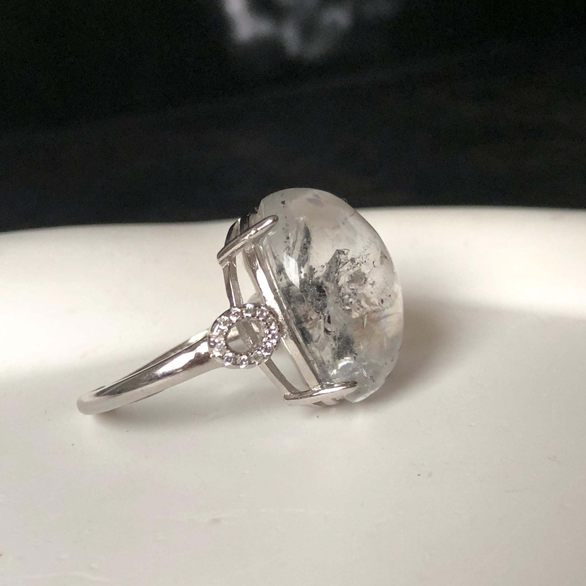 Polished Enhydro Quartz (Herkimer Diamond) S925 Silver Adjustable Ring: Big Rainbow! Moving Sand Inclusion Crystal Statement Ring for Women ring crystal band ring crystal cocktail ring crystal stackable ring 7 chakra crystal ring meditation crystal healing stone birthstone silver ring ring for men rainbow quartz inclusion quartz inclusion crystal minerals specimen silver ring free size ring adjustable ring holder rain quartz