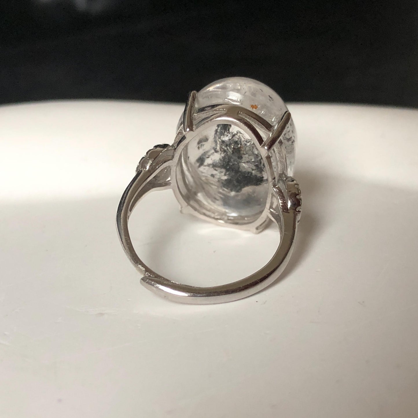 Polished Enhydro Quartz (Herkimer Diamond) S925 Silver Adjustable Ring: Big Rainbow! Moving Sand Inclusion Crystal Statement Ring for Women ring crystal band ring crystal cocktail ring crystal stackable ring 7 chakra crystal ring meditation crystal healing stone birthstone silver ring ring for men rainbow quartz inclusion quartz inclusion crystal minerals specimen silver ring free size ring adjustable ring holder rain quartz