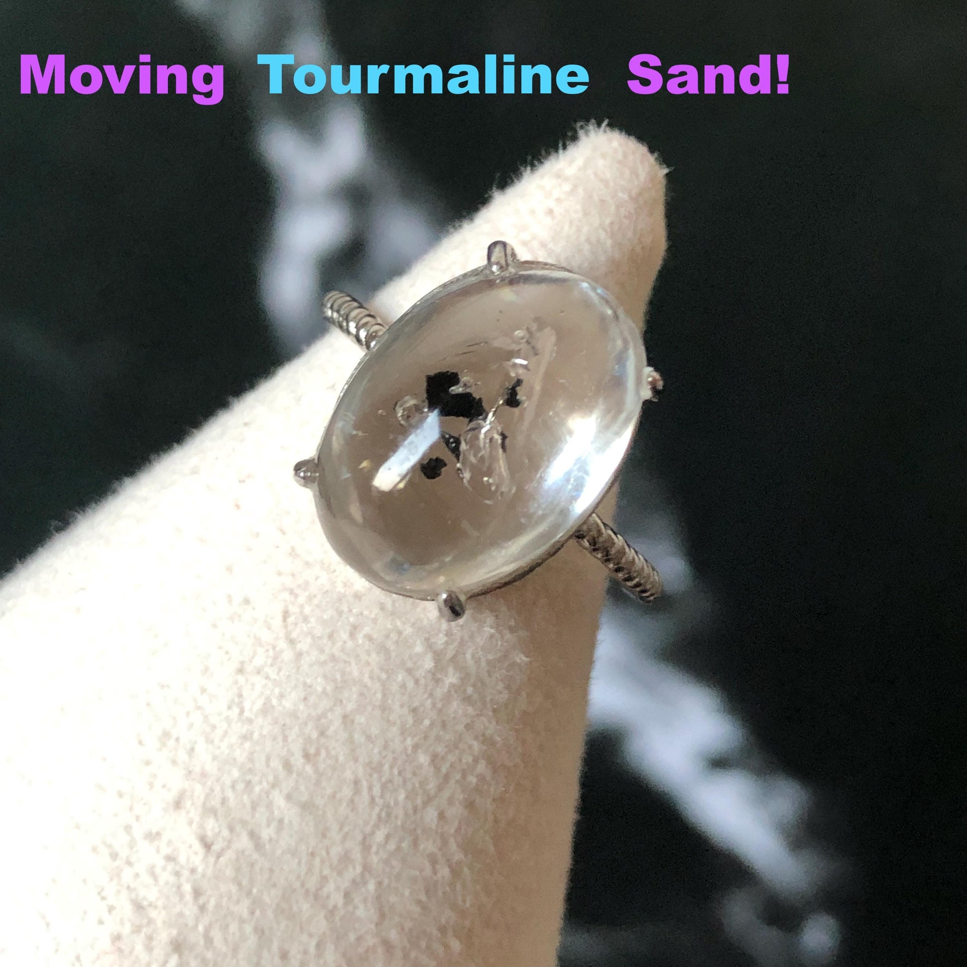 Rare Polished Enhydro Quartz (Herkimer Diamond) S925 Silver Adjustable Ring: Mild Rainbow Moving Black Tourmaline & Still Bubble Inclusion Crystal Statement Ring for Women ring crystal band ring crystal cocktail ring crystal stackable ring 7 chakra crystal ring meditation crystal healing stone birthstone silver ring ring for men rainbow quartz minerals specimen inclusion quartz