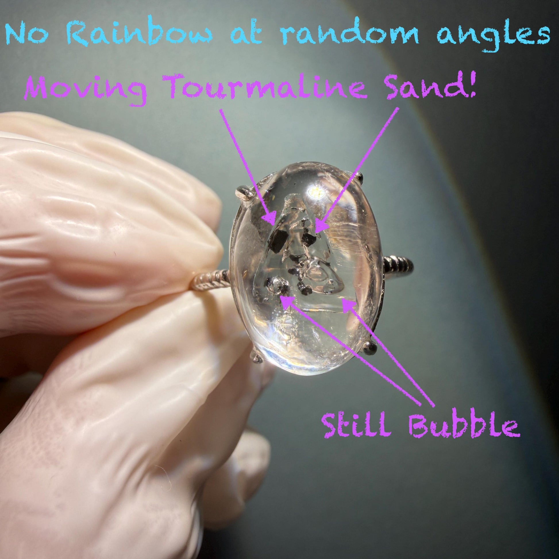 Rare Polished Enhydro Quartz (Herkimer Diamond) S925 Silver Adjustable Ring: Mild Rainbow Moving Black Tourmaline & Still Bubble Inclusion Crystal Statement Ring for Women ring crystal band ring crystal cocktail ring crystal stackable ring 7 chakra crystal ring meditation crystal healing stone birthstone silver ring ring for men rainbow quartz minerals specimen inclusion quartz