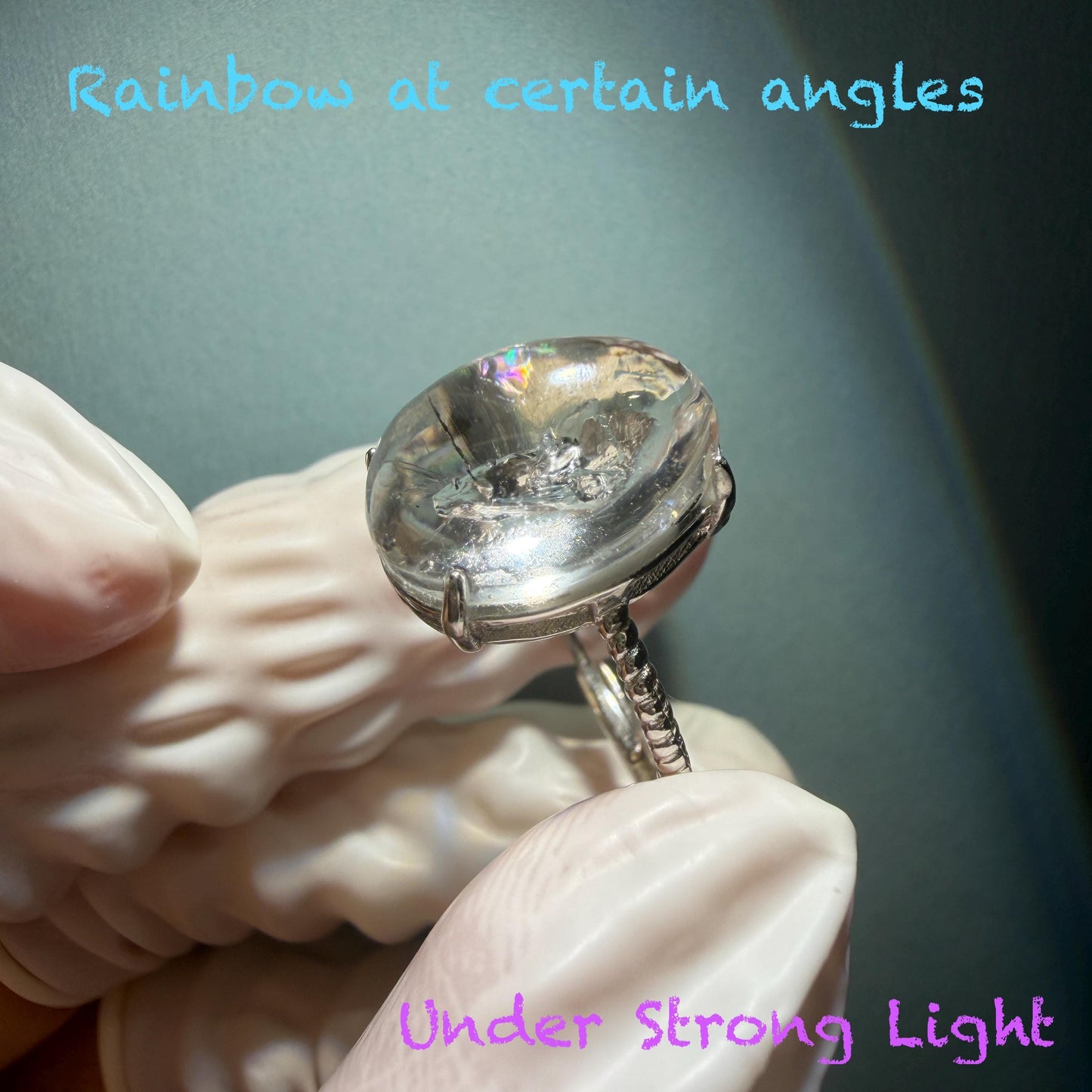 Rare Polished Enhydro Quartz (Herkimer Diamond) S925 Silver Adjustable Ring: Mild Rainbow Moving Black Tourmaline & Still Bubble Inclusion Crystal Statement Ring for Women ring crystal band ring crystal cocktail ring crystal stackable ring 7 chakra crystal ring meditation crystal healing stone birthstone silver ring ring for men rainbow quartz minerals specimen inclusion quartz