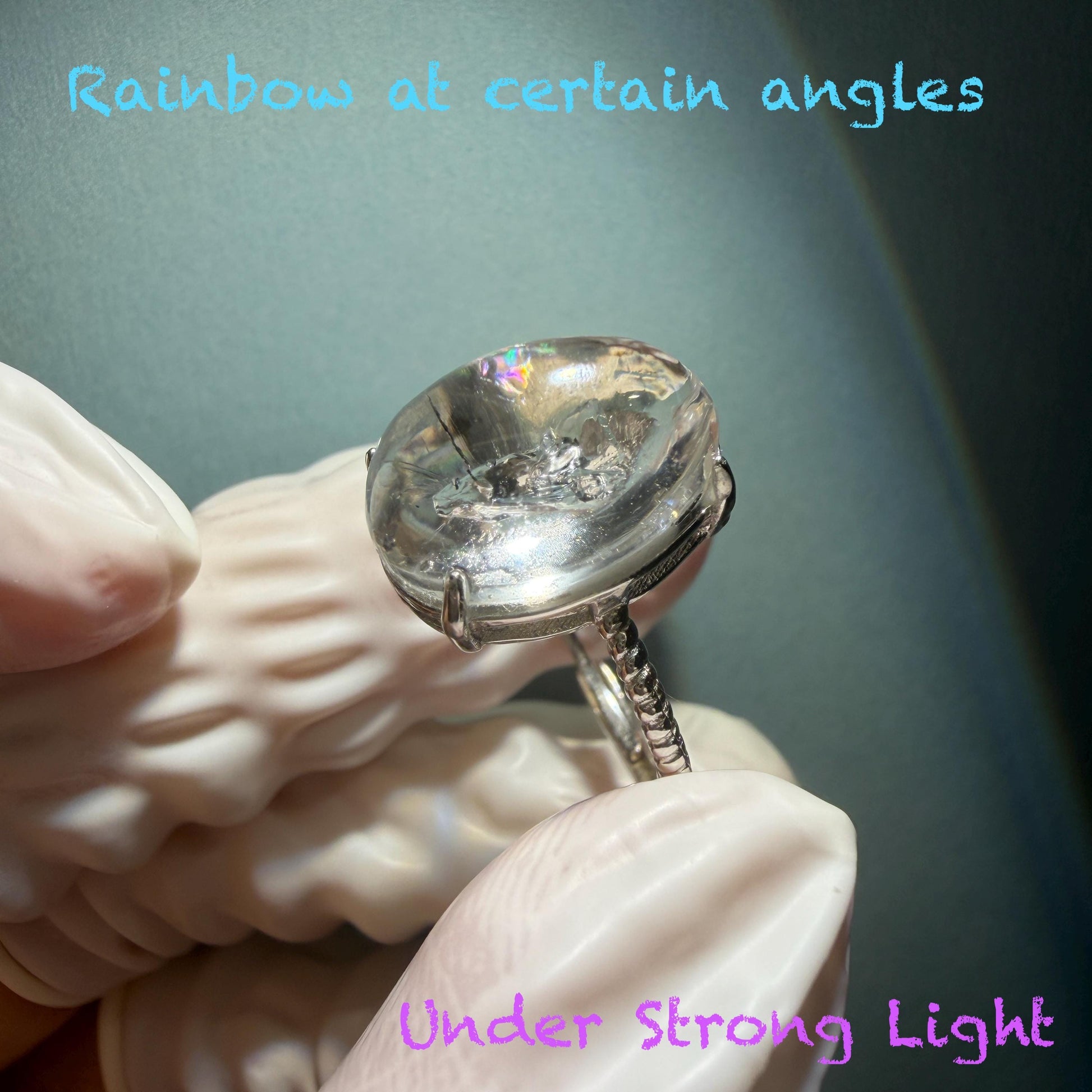 Rare Polished Enhydro Quartz (Herkimer Diamond) S925 Silver Adjustable Ring: Mild Rainbow Moving Black Tourmaline & Still Bubble Inclusion Crystal Statement Ring for Women ring crystal band ring crystal cocktail ring crystal stackable ring 7 chakra crystal ring meditation crystal healing stone birthstone silver ring ring for men rainbow quartz minerals specimen inclusion quartz