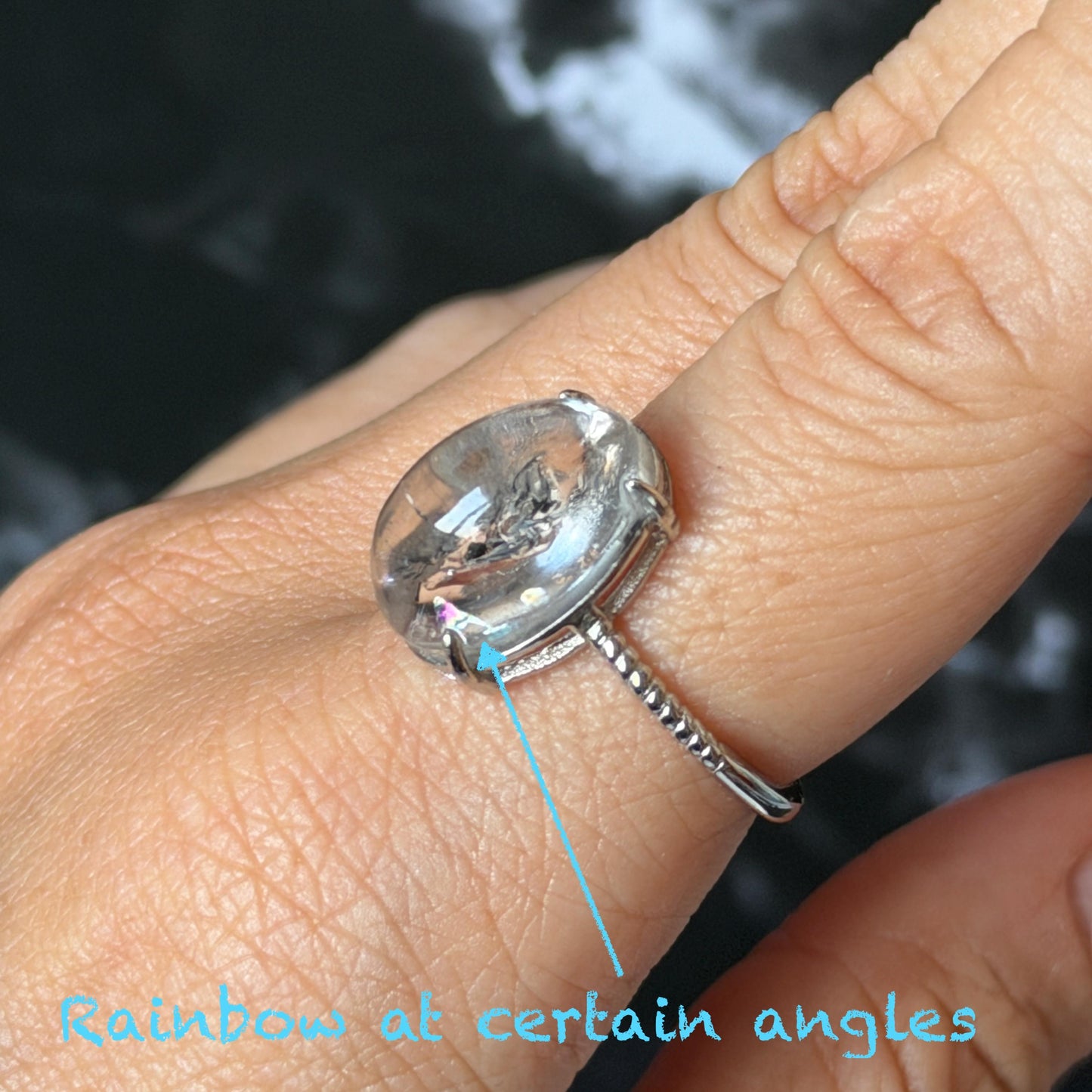 Rare Polished Enhydro Quartz (Herkimer Diamond) S925 Silver Adjustable Ring: Mild Rainbow Moving Black Tourmaline & Still Bubble Inclusion Crystal Statement Ring for Women ring crystal band ring crystal cocktail ring crystal stackable ring 7 chakra crystal ring meditation crystal healing stone birthstone silver ring ring for men rainbow quartz minerals specimen inclusion quartz
