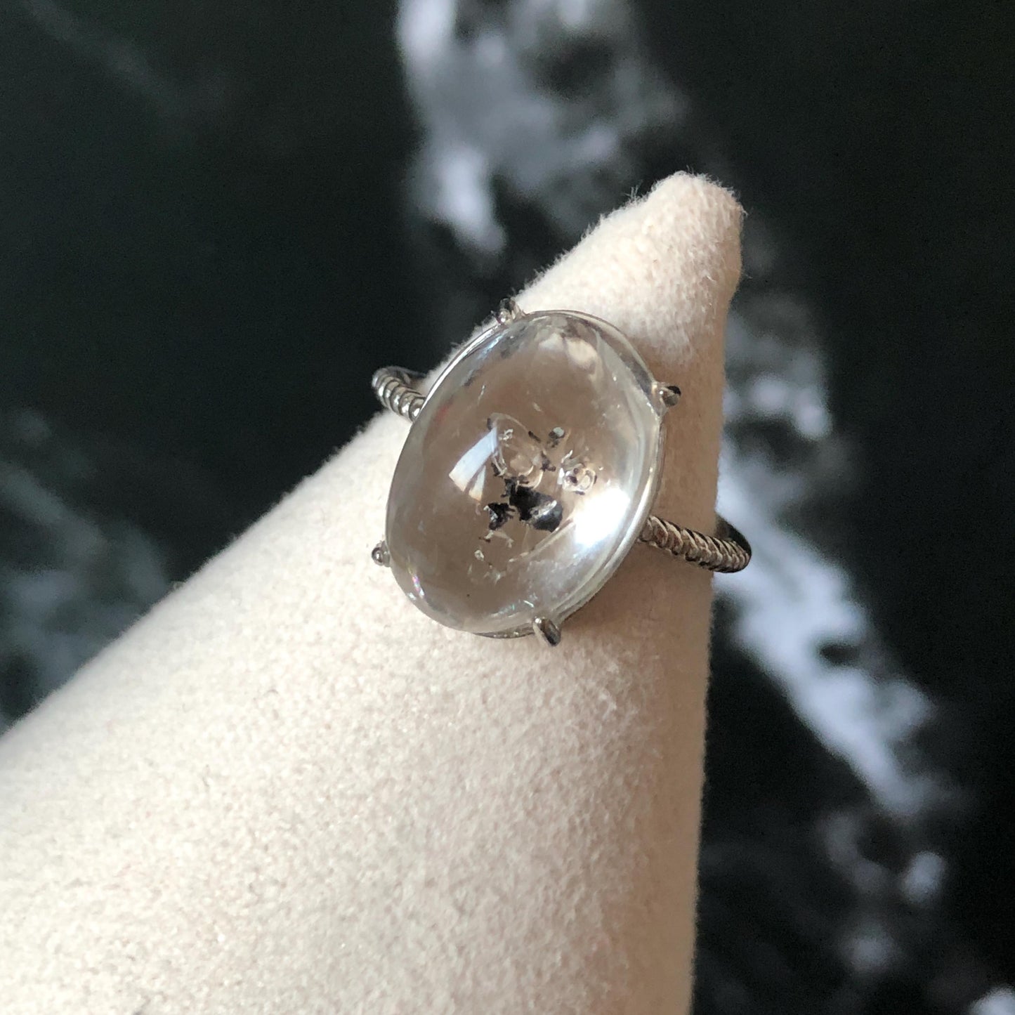 Rare Polished Enhydro Quartz (Herkimer Diamond) S925 Silver Adjustable Ring: Mild Rainbow Moving Black Tourmaline & Still Bubble Inclusion Crystal Statement Ring for Women ring crystal band ring crystal cocktail ring crystal stackable ring 7 chakra crystal ring meditation crystal healing stone birthstone silver ring ring for men rainbow quartz minerals specimen inclusion quartz