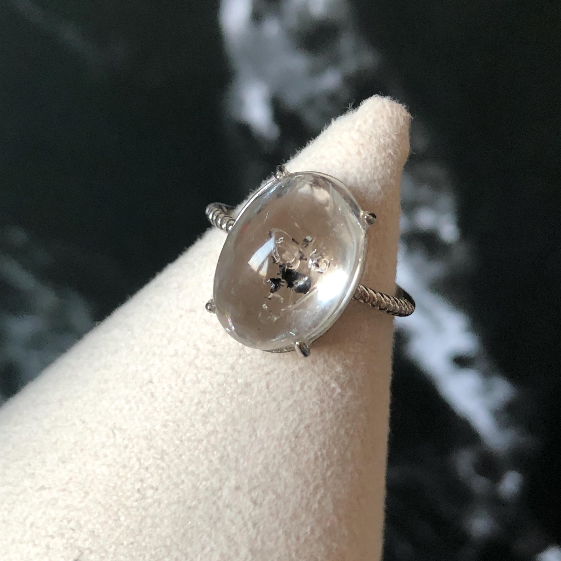 Rare Polished Enhydro Quartz (Herkimer Diamond) S925 Silver Adjustable Ring: Mild Rainbow Moving Black Tourmaline & Still Bubble Inclusion Crystal Statement Ring for Women ring crystal band ring crystal cocktail ring crystal stackable ring 7 chakra crystal ring meditation crystal healing stone birthstone silver ring ring for men rainbow quartz minerals specimen inclusion quartz