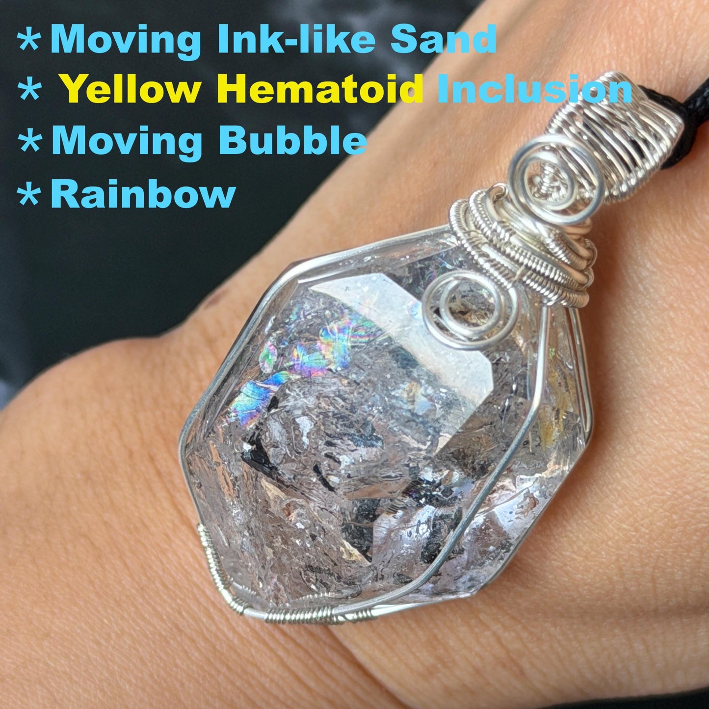 Polished Enhydro Quartz (Herkimer Diamond) Wire Wrapped Pendant Adjustable Necklace: Rainbow!  Moving Ink-like Sand Waterfall, Shifting Big Bubble and Yellow Hematoid Inclusion Crystal | Natural Gemstone Birthstone Gift for her men necklace chakra crystal purify stone minerals specimen adjustable choker silver pendant inclusion crystal inclusion quartz jewelry rainbow quartz choker necklace enhydro crystal S925 silver pendant minerals specimen yellow hematoid inclusion