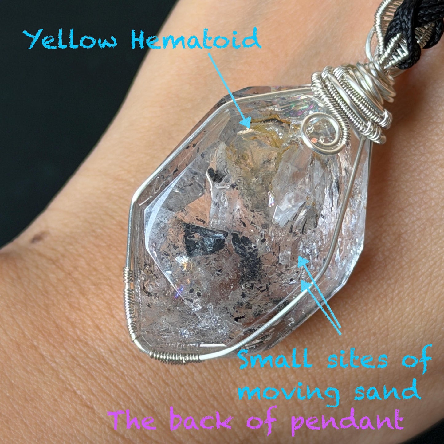 Polished Enhydro Quartz (Herkimer Diamond) Wire Wrapped Pendant Adjustable Necklace: Rainbow!  Moving Ink-like Sand Waterfall, Shifting Big Bubble and Yellow Hematoid Inclusion Crystal | Natural Gemstone Birthstone Gift for her men necklace chakra crystal purify stone minerals specimen adjustable choker silver pendant inclusion crystal inclusion quartz jewelry rainbow quartz choker necklace enhydro crystal S925 silver pendant minerals specimen yellow hematoid inclusion