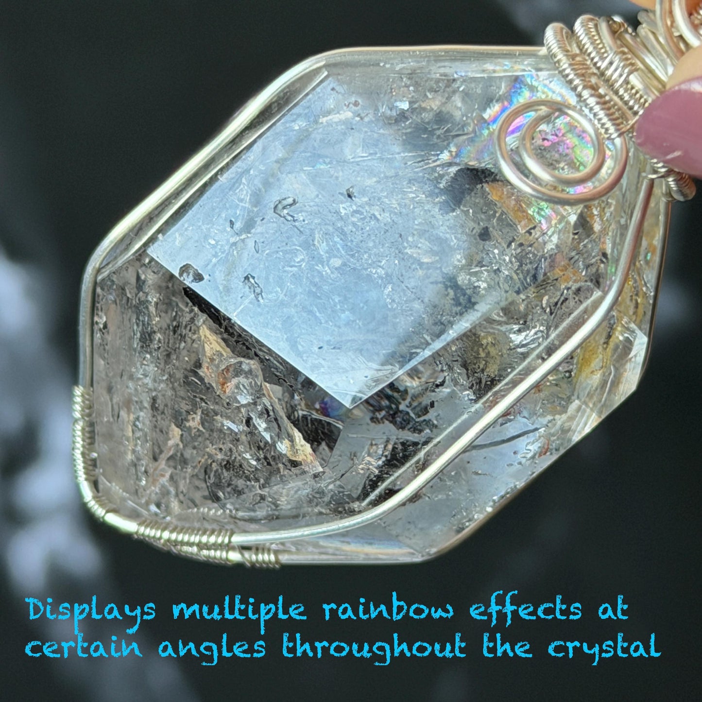 Polished Enhydro Quartz (Herkimer Diamond) Wire Wrapped Pendant Adjustable Necklace: Rainbow!  Moving Ink-like Sand Waterfall, Shifting Big Bubble and Yellow Hematoid Inclusion Crystal | Natural Gemstone Birthstone Gift for her men necklace chakra crystal purify stone minerals specimen adjustable choker silver pendant inclusion crystal inclusion quartz jewelry rainbow quartz choker necklace enhydro crystal S925 silver pendant minerals specimen yellow hematoid inclusion