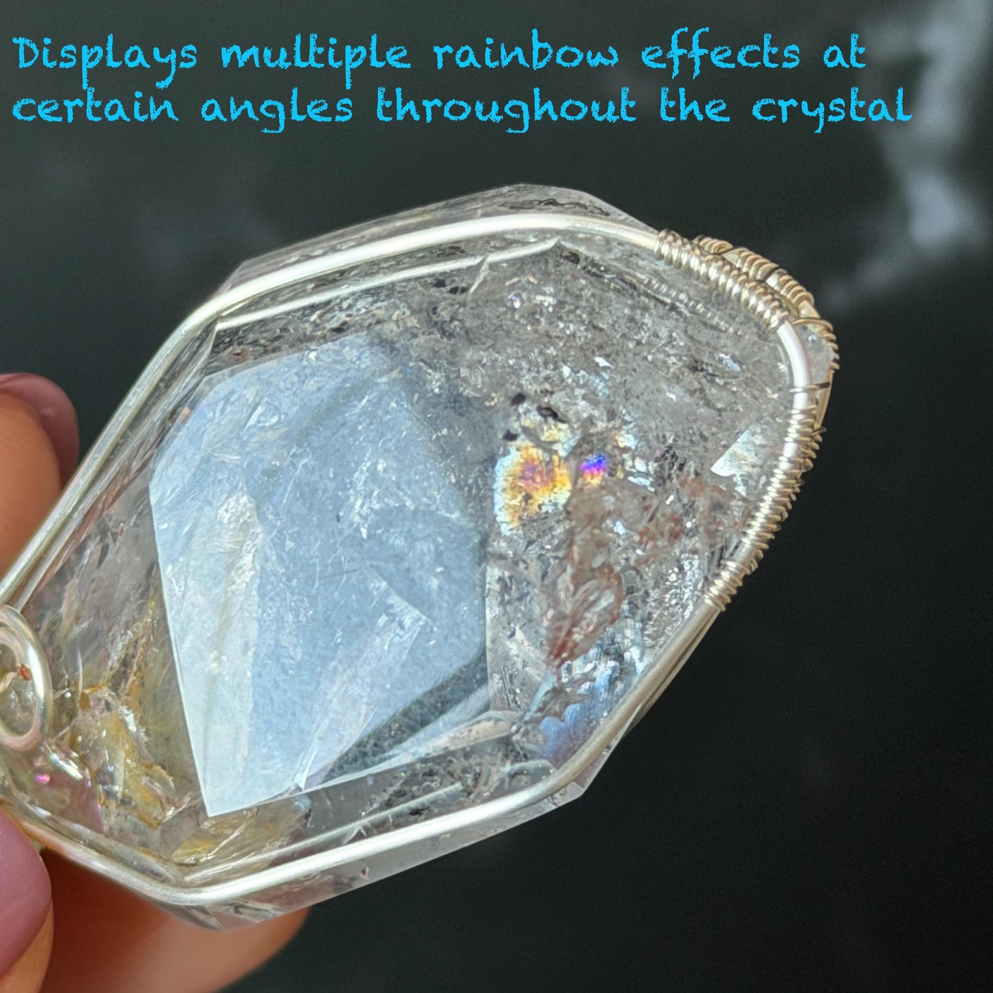 Polished Enhydro Quartz (Herkimer Diamond) Wire Wrapped Pendant Adjustable Necklace: Rainbow!  Moving Ink-like Sand Waterfall, Shifting Big Bubble and Yellow Hematoid Inclusion Crystal | Natural Gemstone Birthstone Gift for her men necklace chakra crystal purify stone minerals specimen adjustable choker silver pendant inclusion crystal inclusion quartz jewelry rainbow quartz choker necklace enhydro crystal S925 silver pendant minerals specimen yellow hematoid inclusion