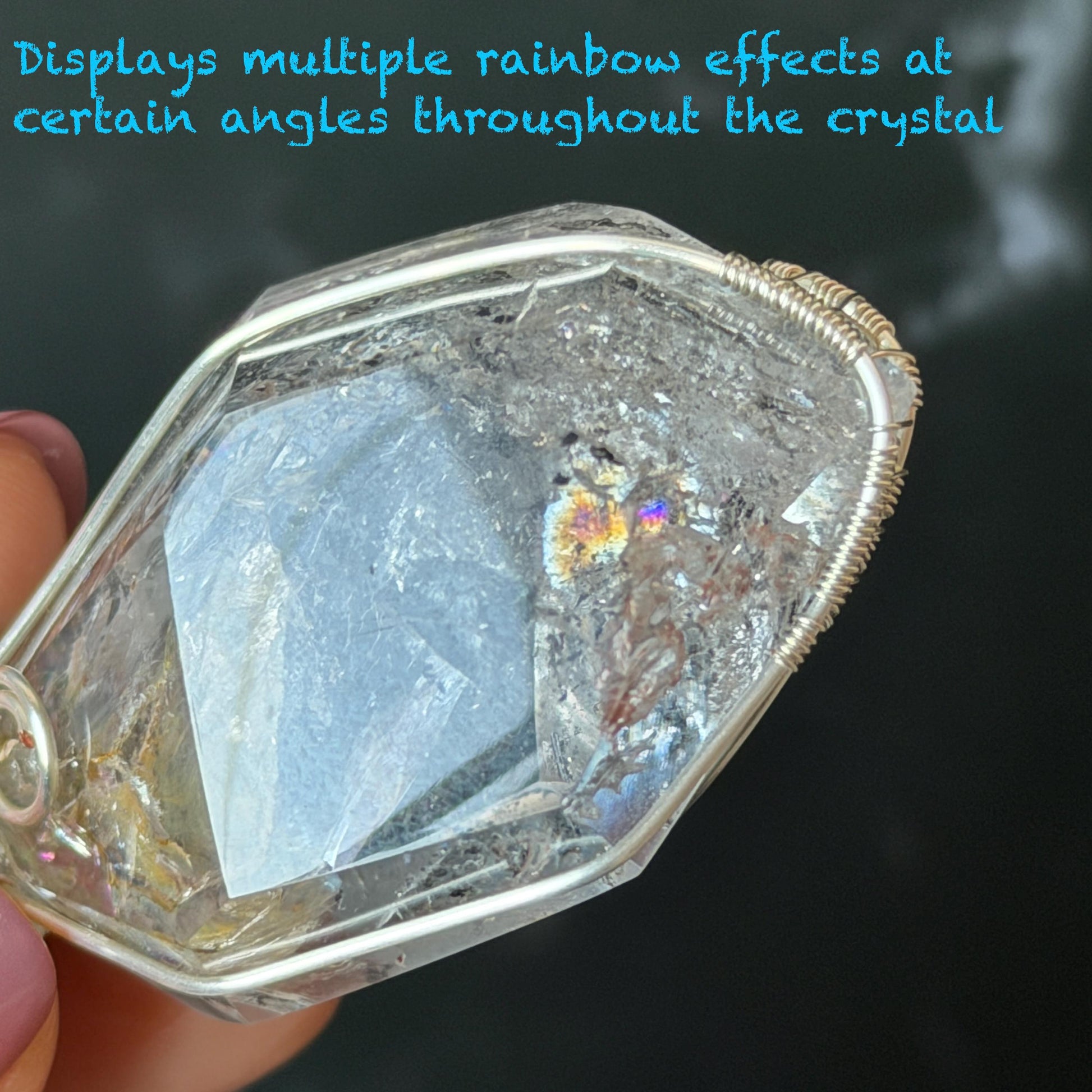 Polished Enhydro Quartz (Herkimer Diamond) Wire Wrapped Pendant Adjustable Necklace: Rainbow!  Moving Ink-like Sand Waterfall, Shifting Big Bubble and Yellow Hematoid Inclusion Crystal | Natural Gemstone Birthstone Gift for her men necklace chakra crystal purify stone minerals specimen adjustable choker silver pendant inclusion crystal inclusion quartz jewelry rainbow quartz choker necklace enhydro crystal S925 silver pendant minerals specimen yellow hematoid inclusion