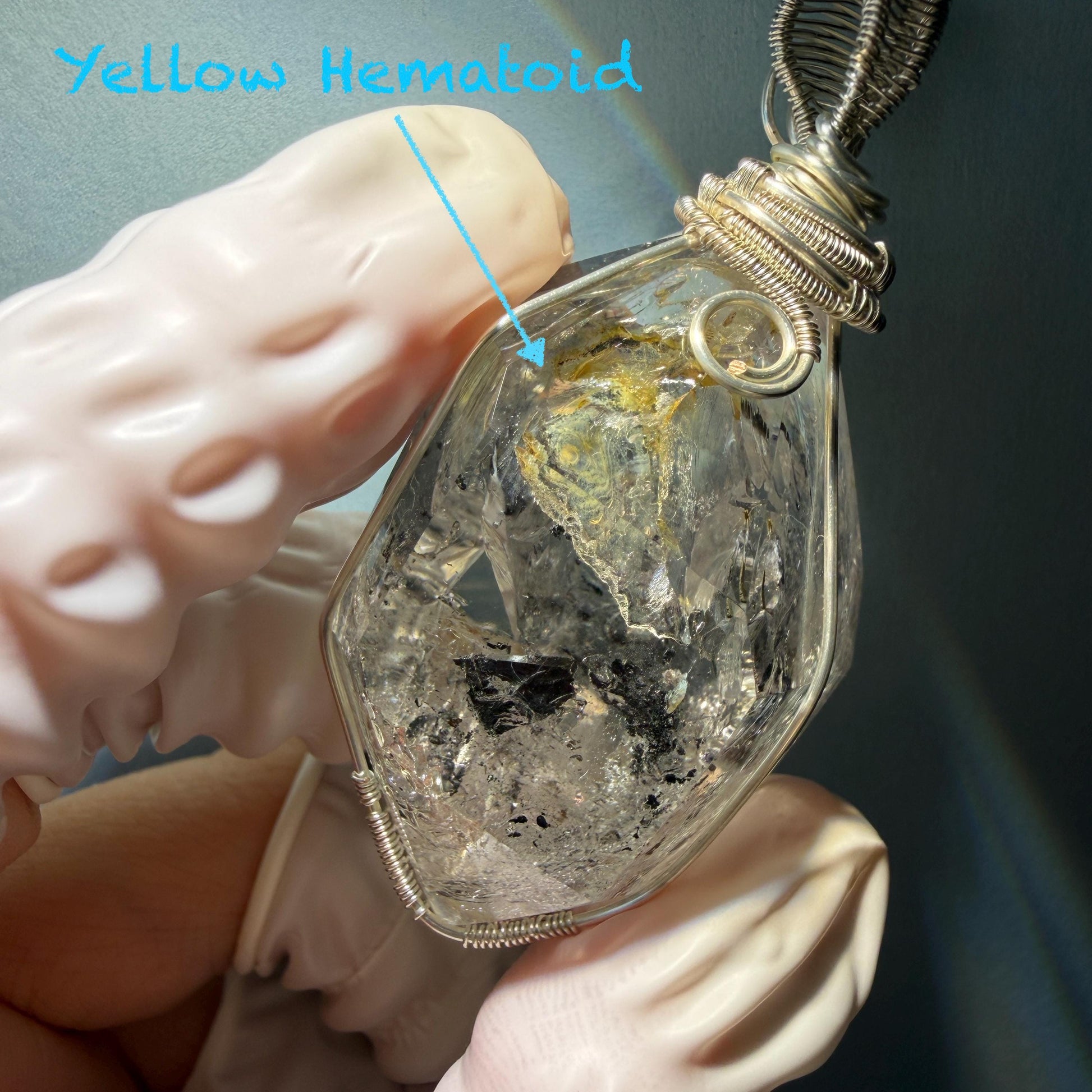 Polished Enhydro Quartz (Herkimer Diamond) Wire Wrapped Pendant Adjustable Necklace: Rainbow!  Moving Ink-like Sand Waterfall, Shifting Big Bubble and Yellow Hematoid Inclusion Crystal | Natural Gemstone Birthstone Gift for her men necklace chakra crystal purify stone minerals specimen adjustable choker silver pendant inclusion crystal inclusion quartz jewelry rainbow quartz choker necklace enhydro crystal S925 silver pendant minerals specimen yellow hematoid inclusion