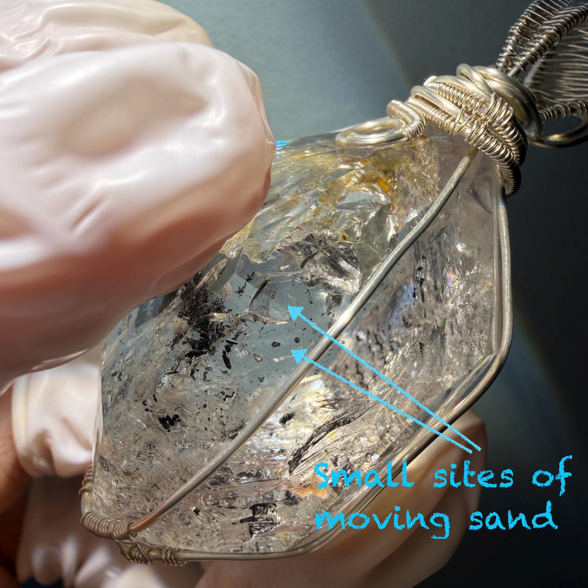 Polished Enhydro Quartz (Herkimer Diamond) Wire Wrapped Pendant Adjustable Necklace: Rainbow!  Moving Ink-like Sand Waterfall, Shifting Big Bubble and Yellow Hematoid Inclusion Crystal | Natural Gemstone Birthstone Gift for her men necklace chakra crystal purify stone minerals specimen adjustable choker silver pendant inclusion crystal inclusion quartz jewelry rainbow quartz choker necklace enhydro crystal S925 silver pendant minerals specimen yellow hematoid inclusion