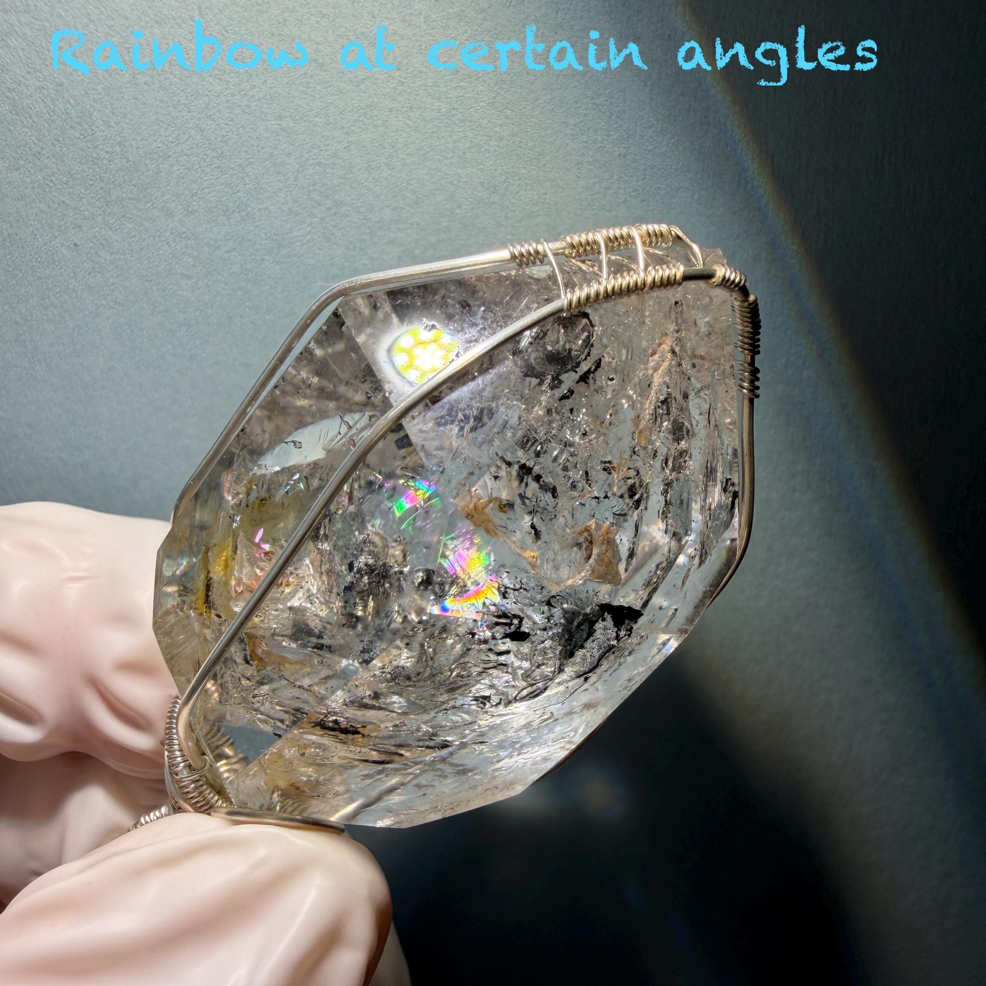 Polished Enhydro Quartz (Herkimer Diamond) Wire Wrapped Pendant Adjustable Necklace: Rainbow!  Moving Ink-like Sand Waterfall, Shifting Big Bubble and Yellow Hematoid Inclusion Crystal | Natural Gemstone Birthstone Gift for her men necklace chakra crystal purify stone minerals specimen adjustable choker silver pendant inclusion crystal inclusion quartz jewelry rainbow quartz choker necklace enhydro crystal S925 silver pendant minerals specimen yellow hematoid inclusion